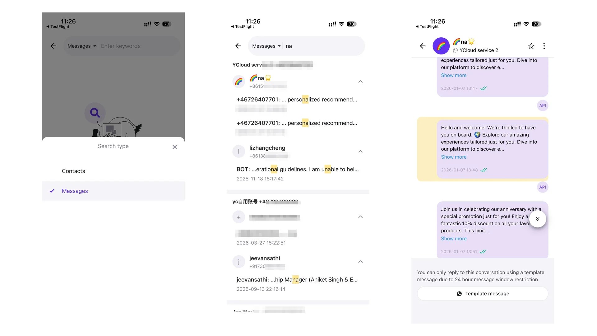 Global contact and message search in the YCloud Inbox mobile app