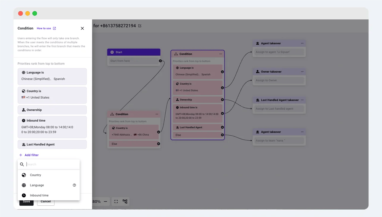 Condition module editor showing language, country, ownership, inbound time, and last handled agent filters