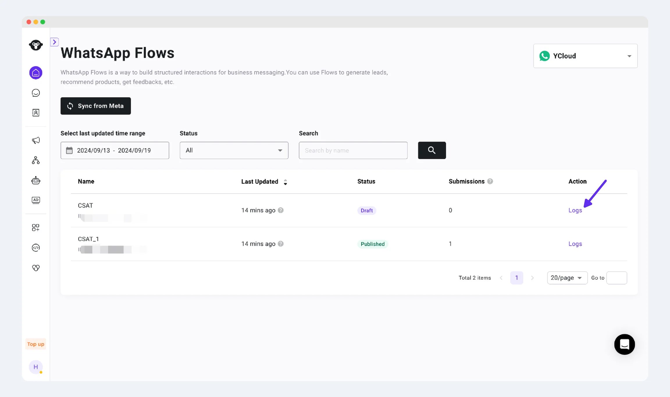 WhatsApp Flow logs