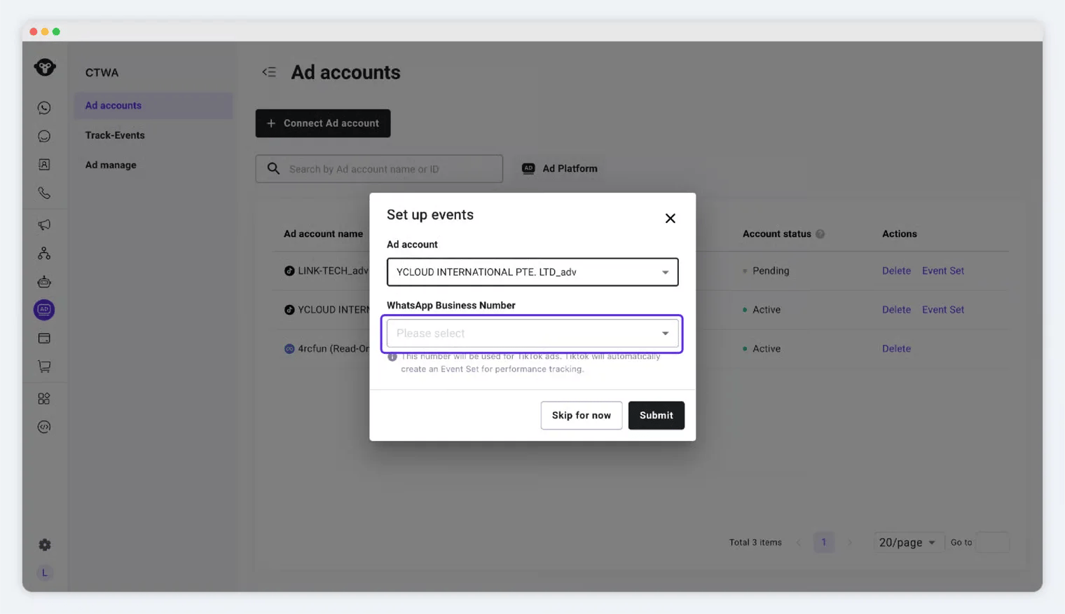 YCloud form for linking a WhatsApp Business number to a TikTok ad account