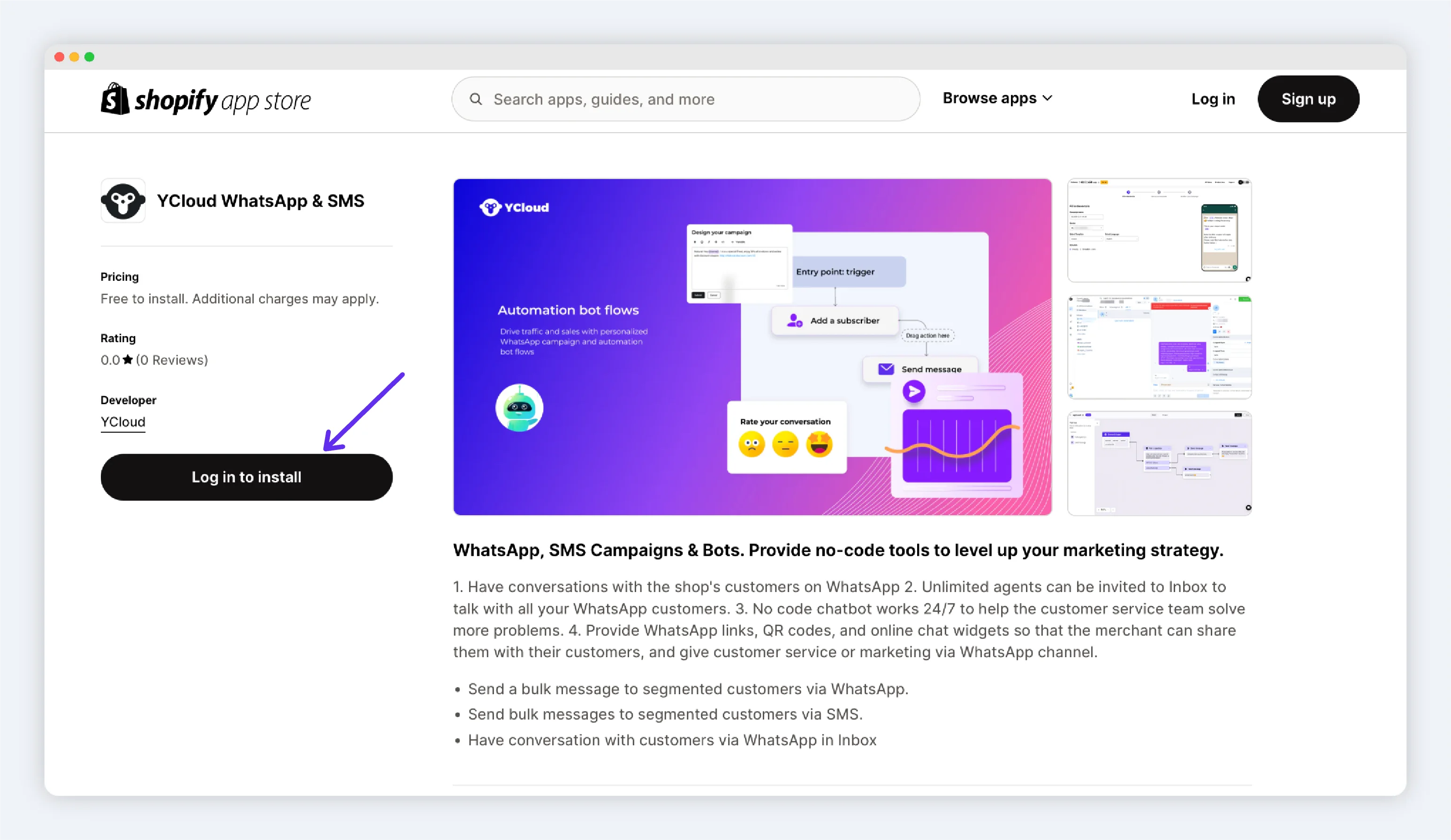 YCloud app installation page in the Shopify App Store