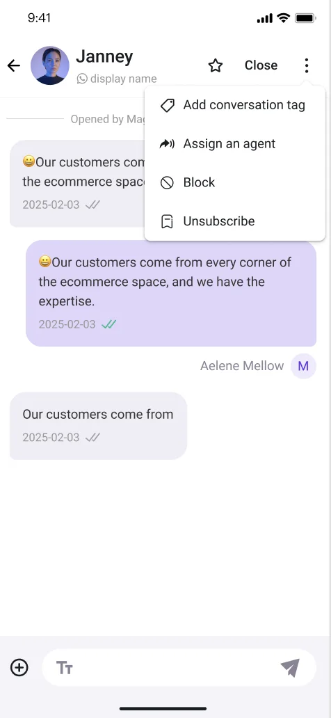 Acciones de conversación en la app móvil YCloud Inbox