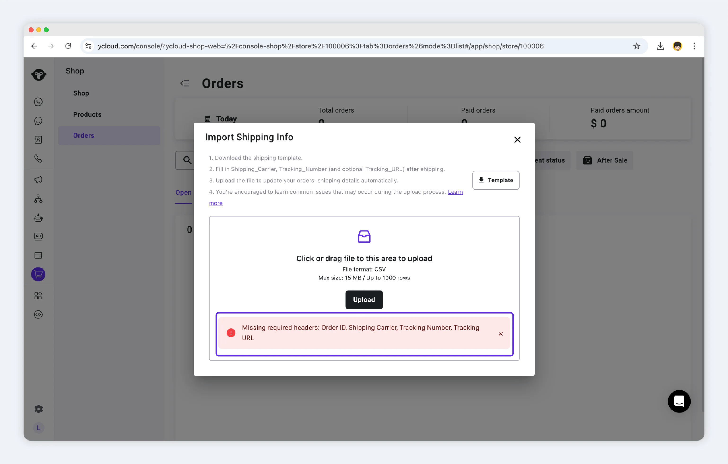 CSV validation error alert
