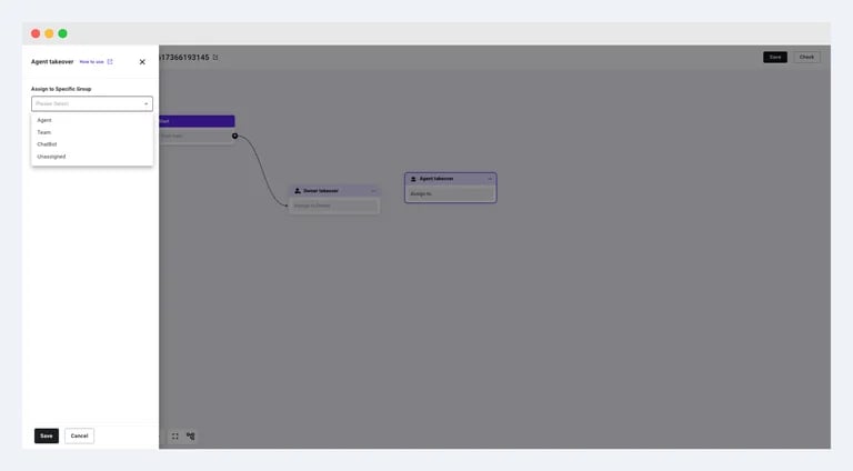 Agent takeover editor with Agent, Team, ChatBot, and Unassigned destinations