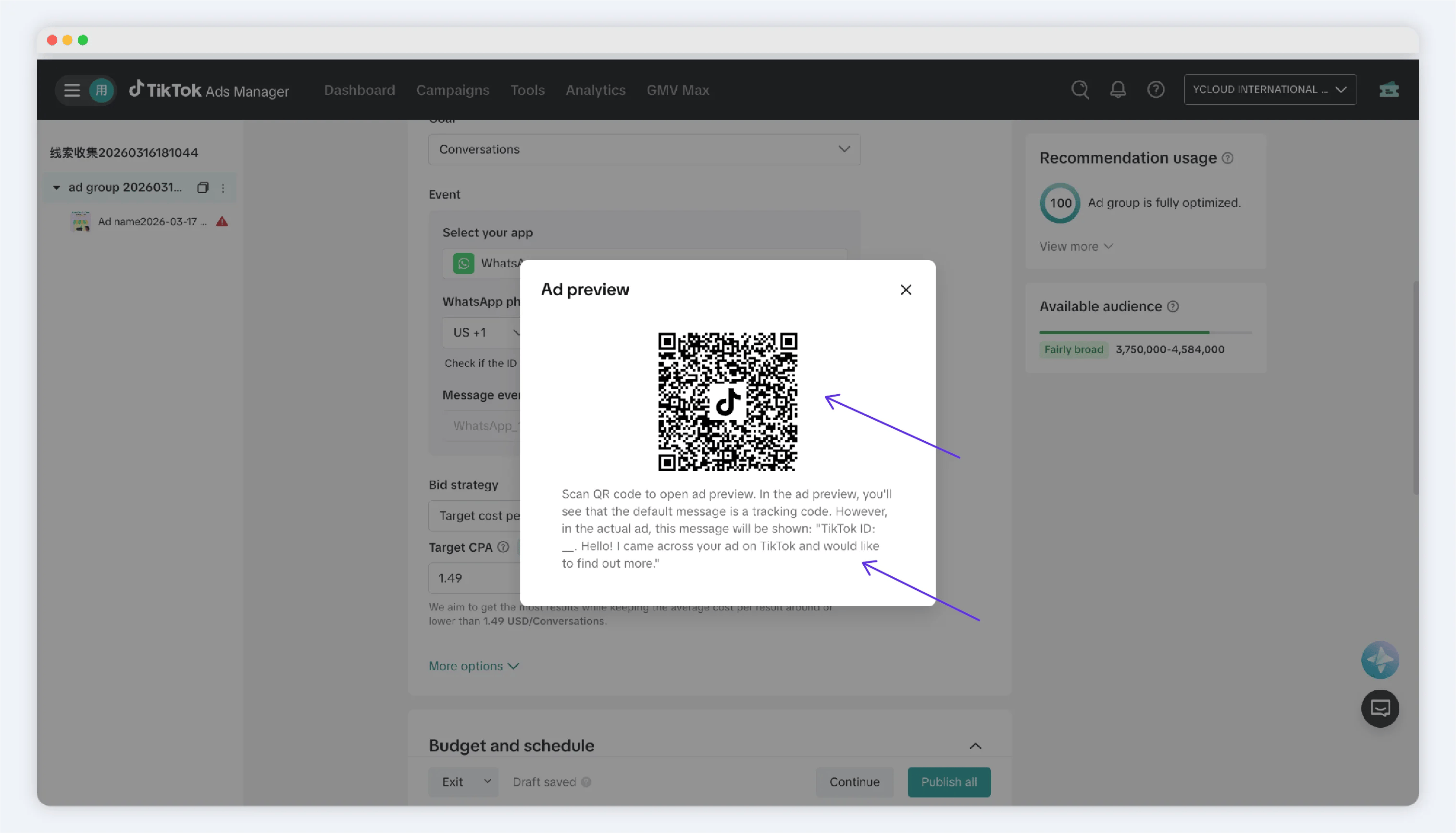 TikTok app preview of a WhatsApp messaging ad