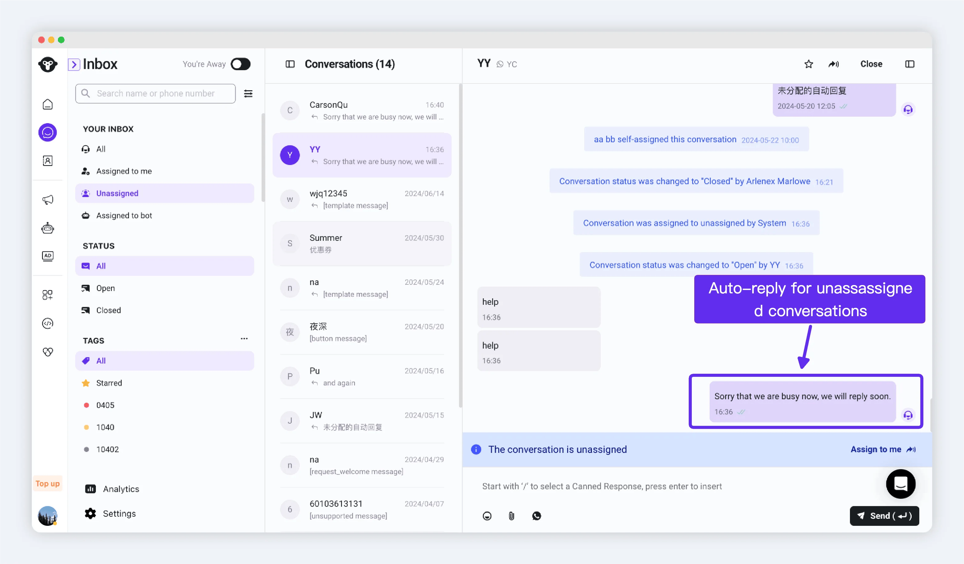 Auto-reply for unassigned message