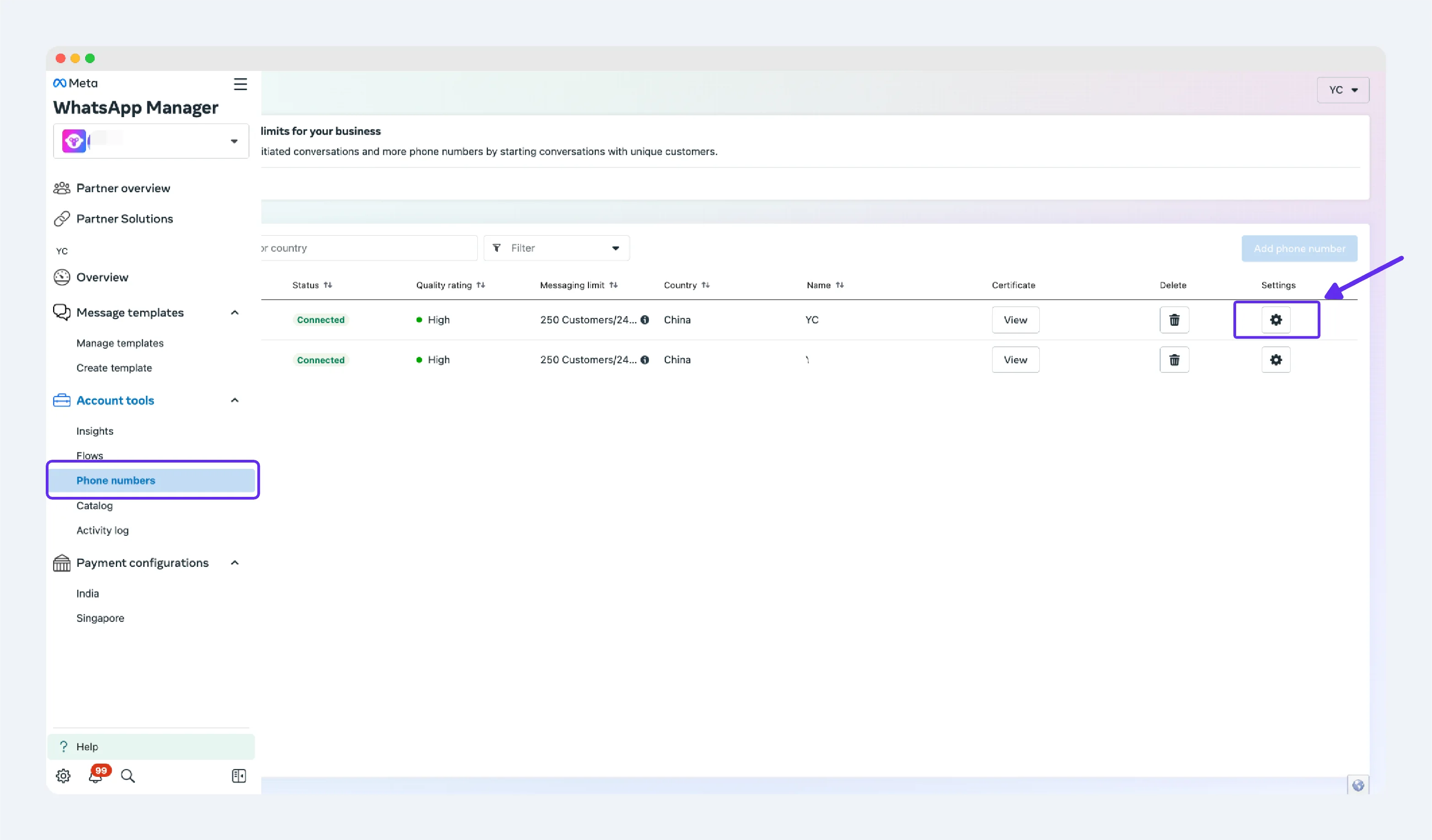 Configuración de WABA