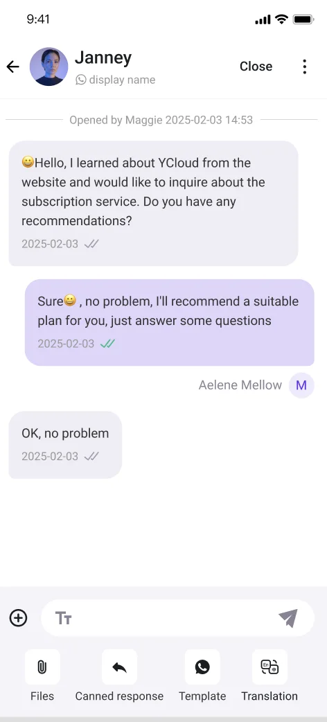 Opciones de mensajes y archivos adjuntos en la app móvil YCloud Inbox