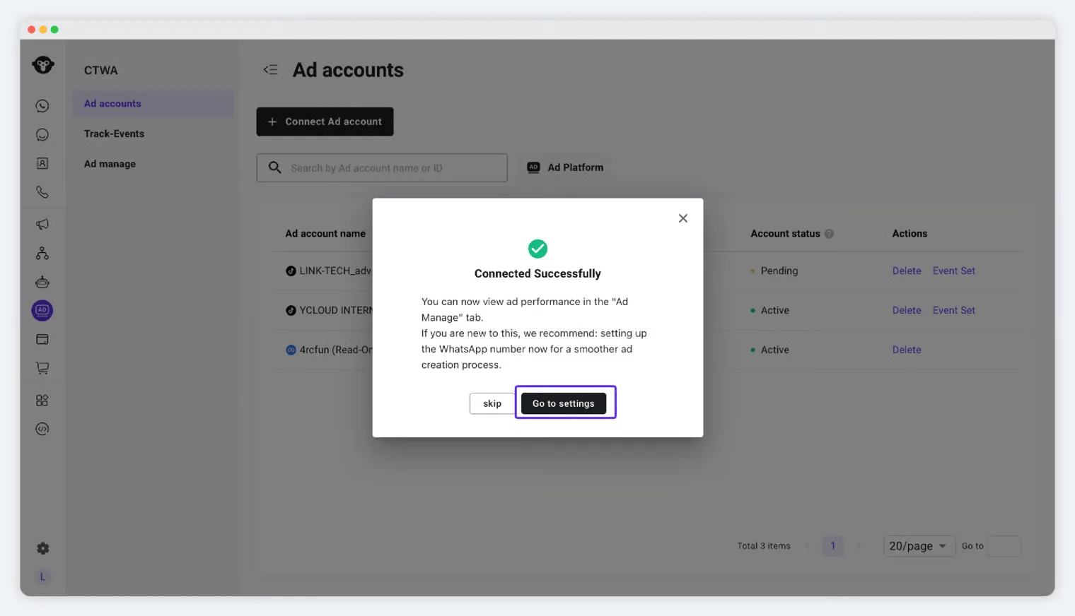YCloud prompt to link a WhatsApp Business number