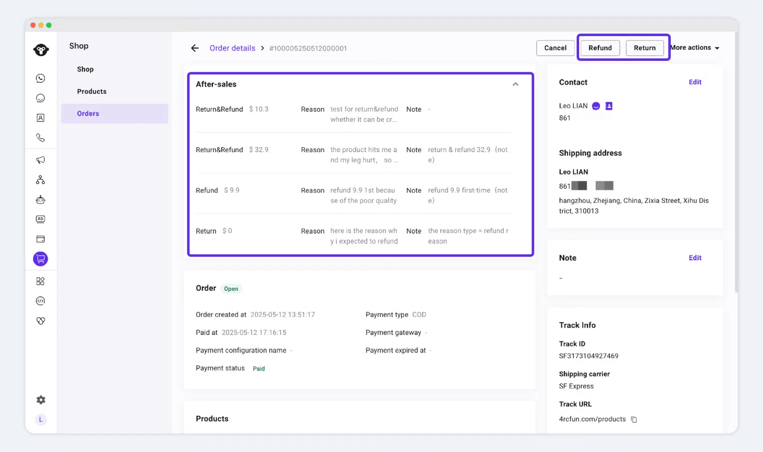 Refund and return details in an order summary