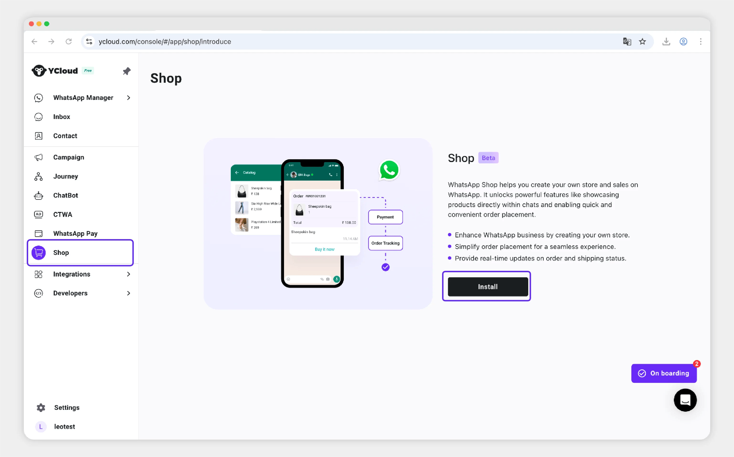 Shop entry in the YCloud console