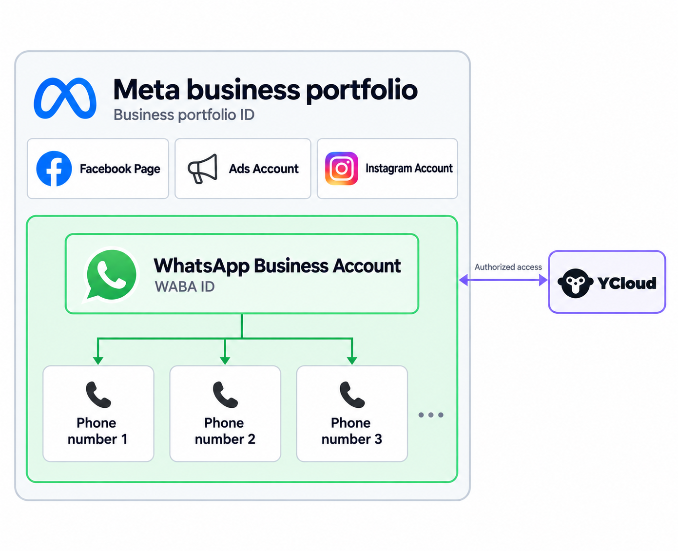 Бизнес-портфолио Meta, содержащее страницу Facebook, рекламный аккаунт, аккаунт Instagram и WhatsApp Business Account (WABA). WABA разветвляется на несколько телефонных номеров и подключается к YCloud через авторизованный доступ.