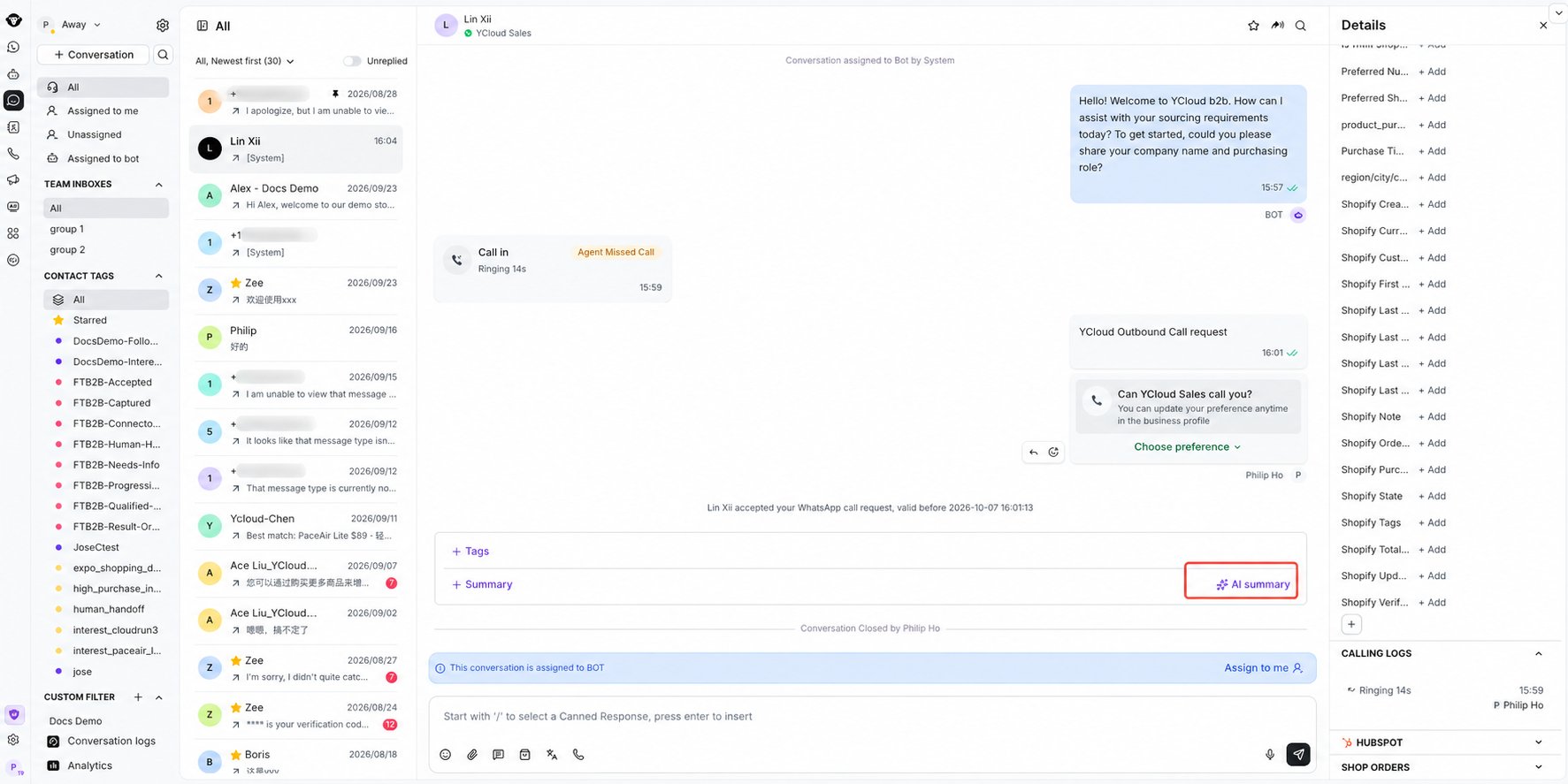 Inbox conversation with the AI summary button highlighted and phone numbers softly blurred