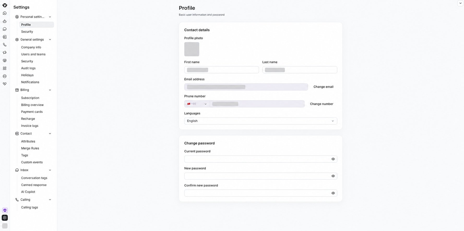 Profile settings page with the user's photo, name, email address, phone number, and sidebar avatar redacted