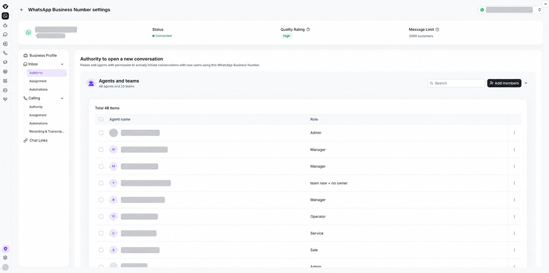 WhatsApp Business Number settings showing the Inbox Authority page with account and member identities redacted