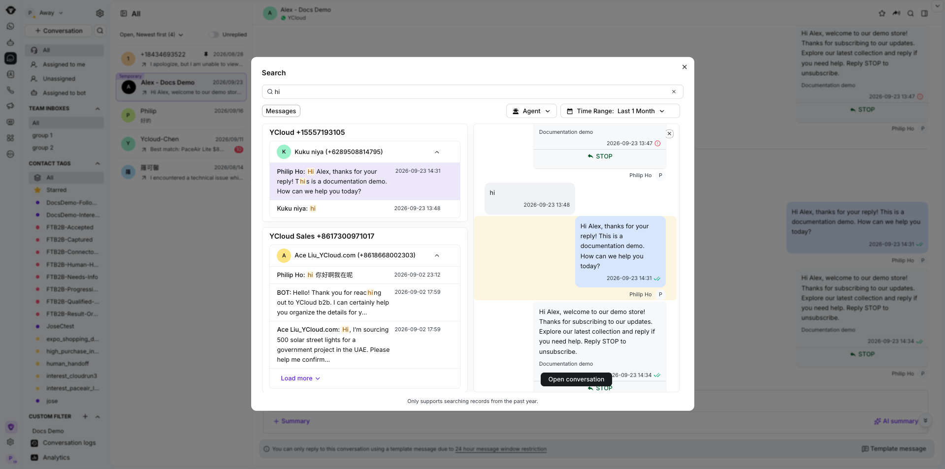 Cuadro de diálogo de búsqueda de mensajes de Inbox que muestra mensajes coincidentes, una vista previa de la conversación y el botón de cierre