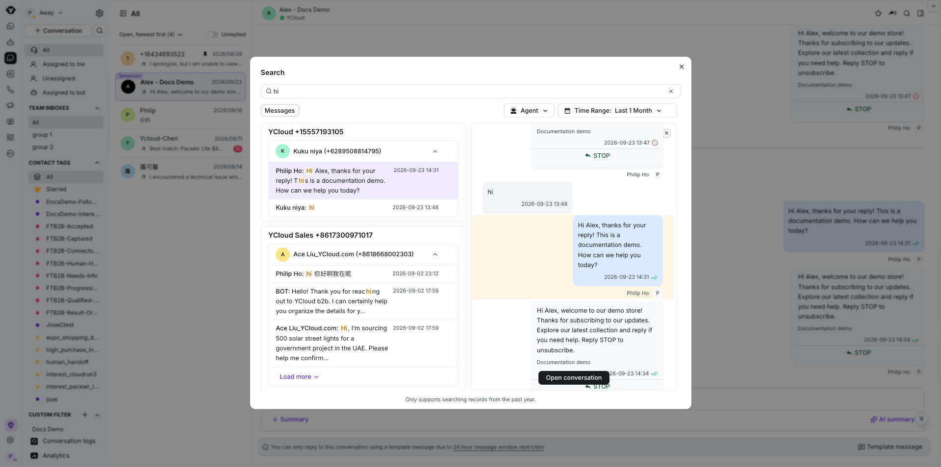 Inbox message search dialog showing matching messages, a conversation preview, and the close button