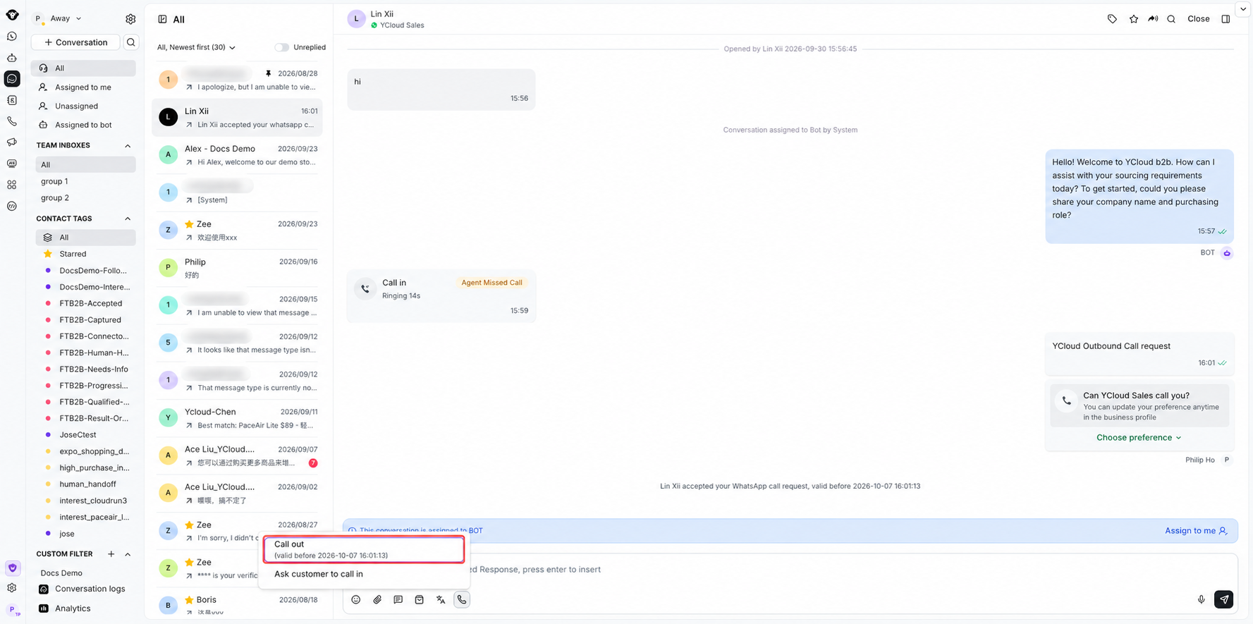 Opção Fazer chamada disponível no menu de chamadas do WhatsApp na Inbox com números de telefone levemente desfocados