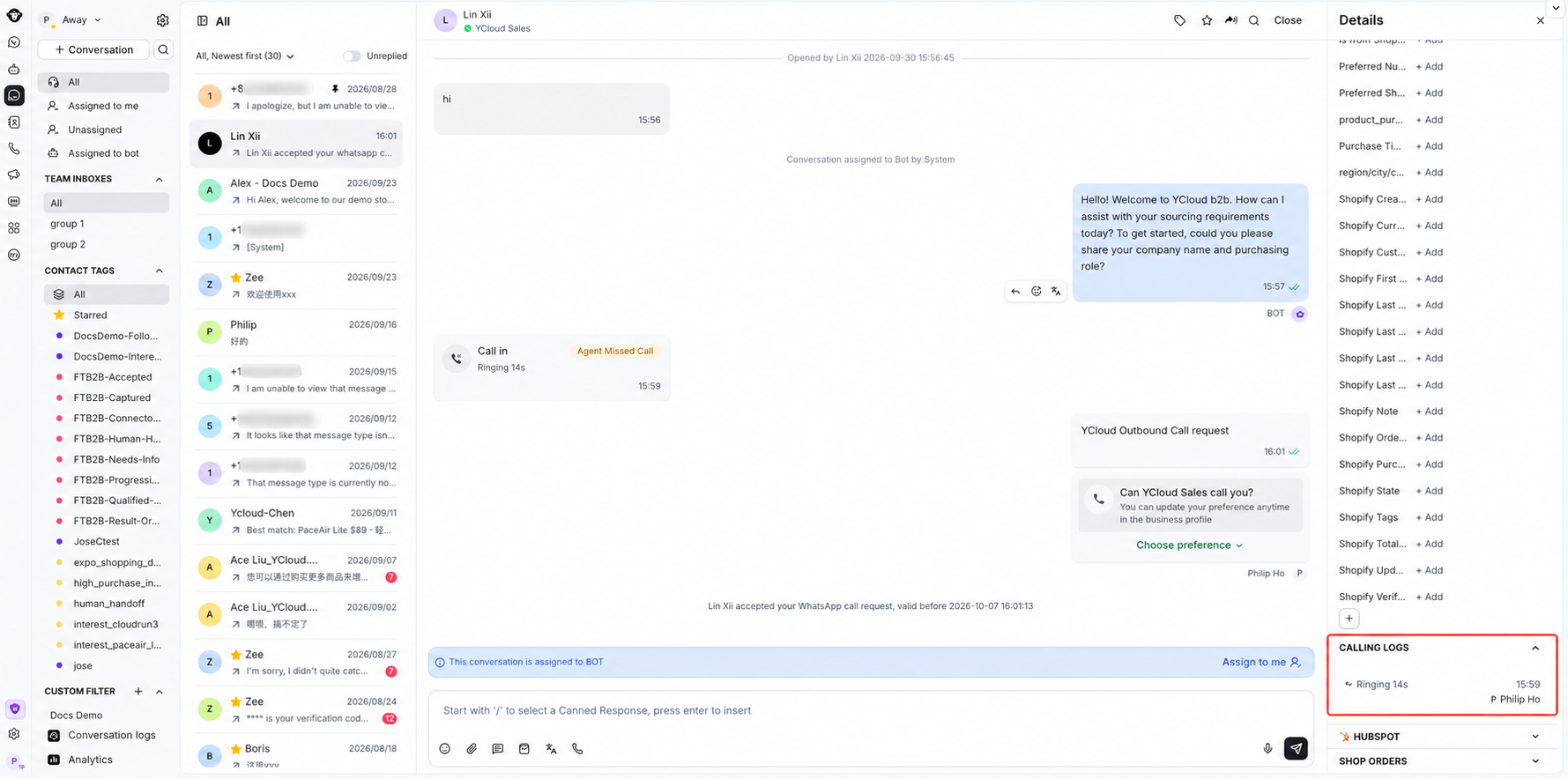Registros de chamadas no painel de detalhes do contato na Inbox com números de telefone levemente desfocados