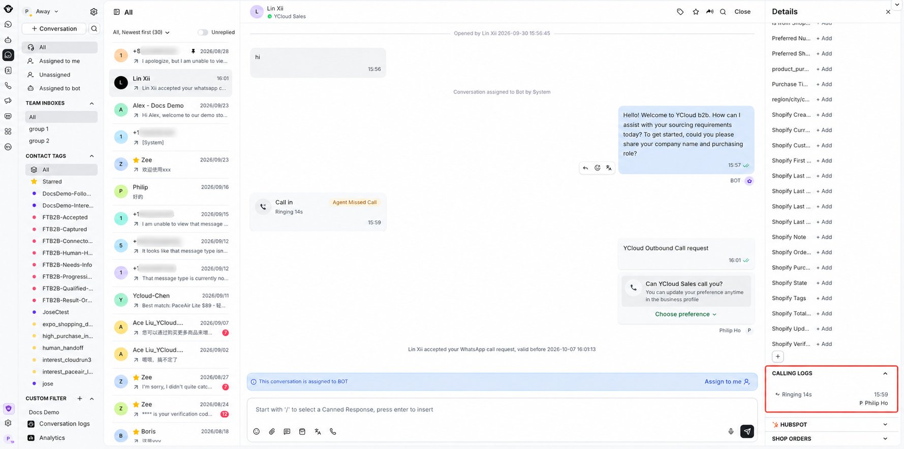 Calling logs in the Inbox contact details panel with phone numbers softly blurred