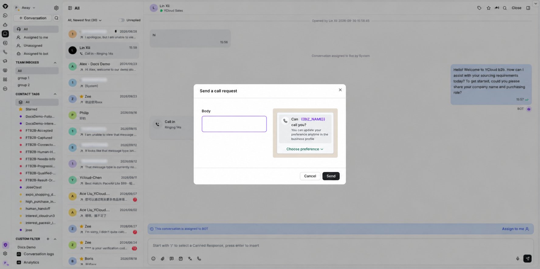 Send a call request dialog in Inbox with phone numbers softly blurred