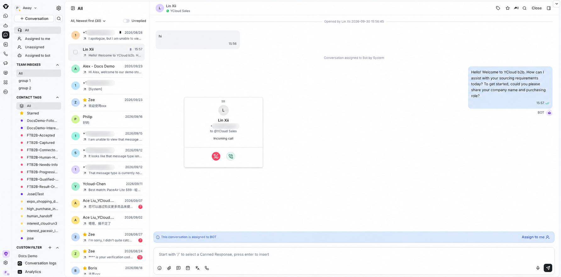 Notificação de chamada recebida do WhatsApp na Inbox com números de telefone levemente desfocados