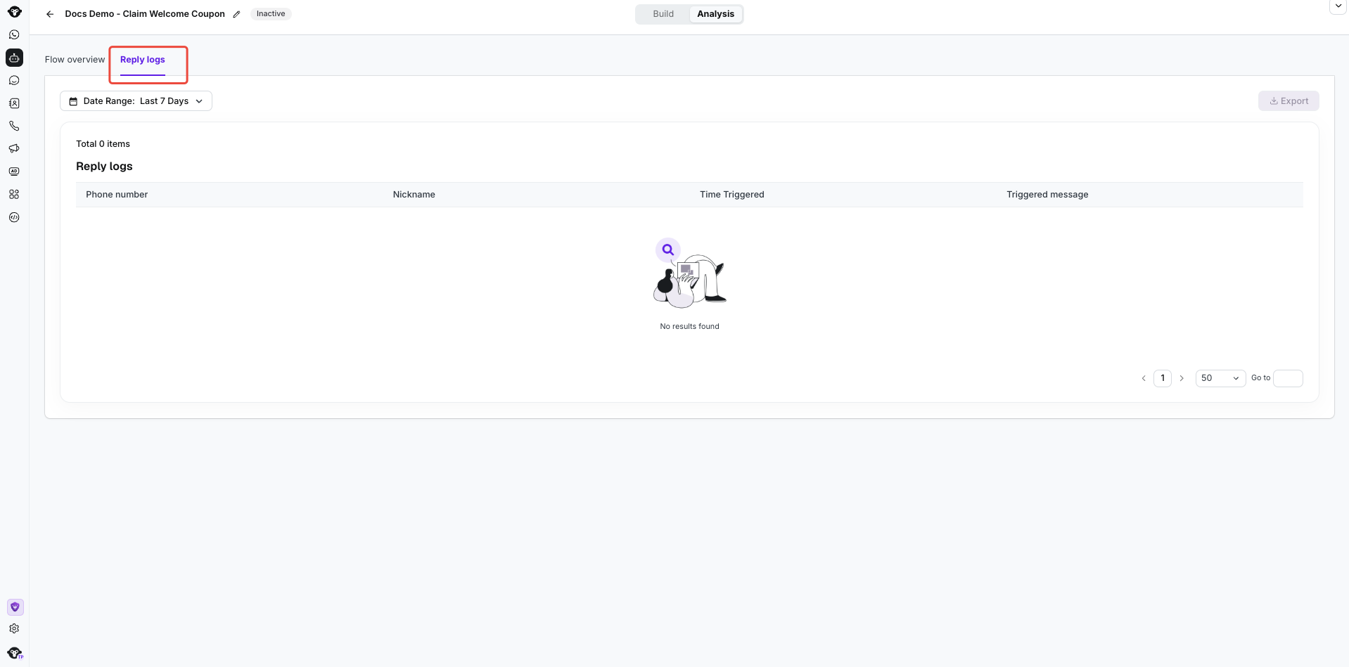 Página de registros de respostas do agente baseado em regras com a aba Reply logs destacada, filtro de data, cabeçalhos de tabela e sem resultados