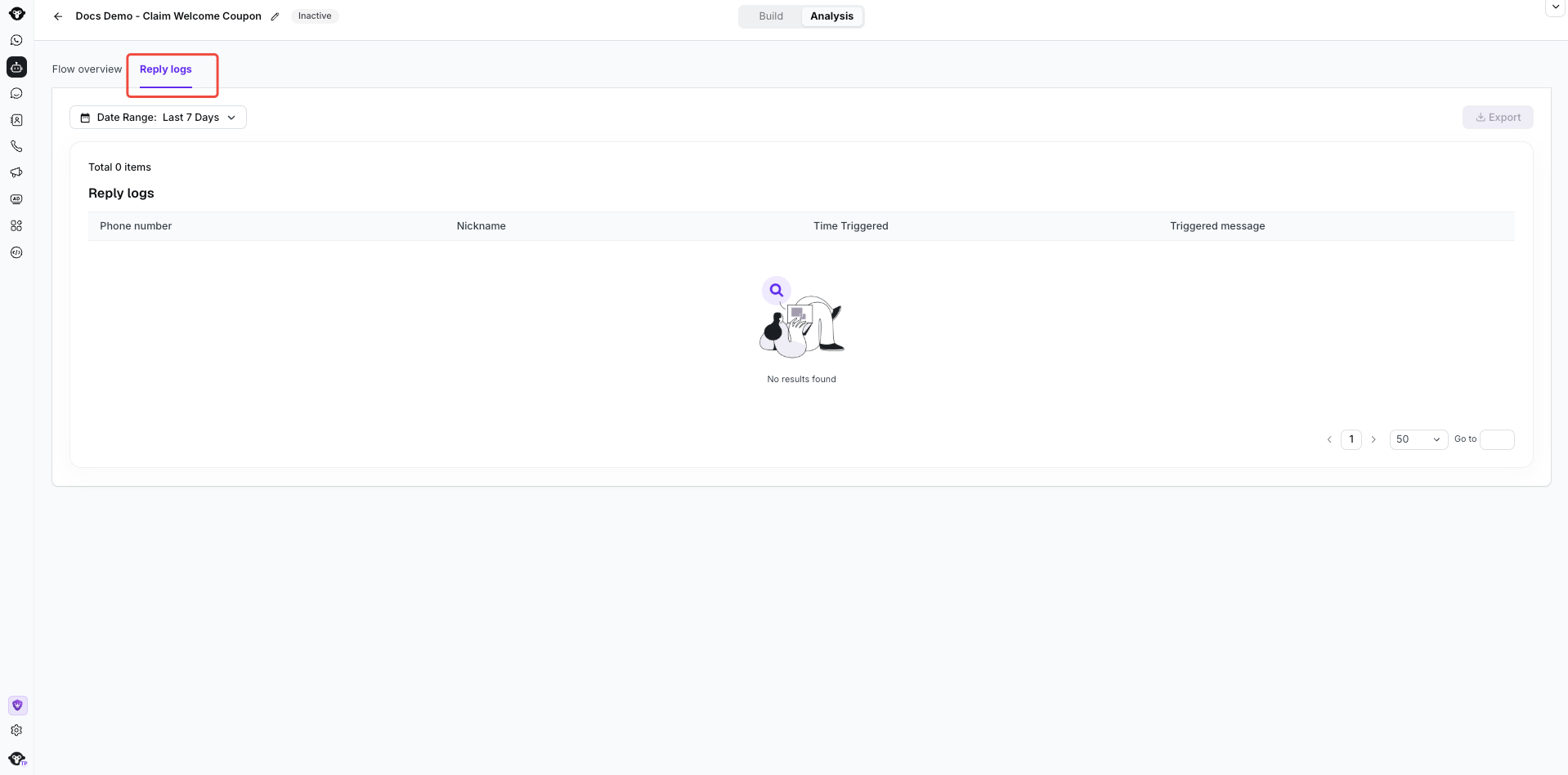 Página de registros de respostas do agente baseado em regras com a aba Reply logs destacada, filtro de data, cabeçalhos de tabela e sem resultados