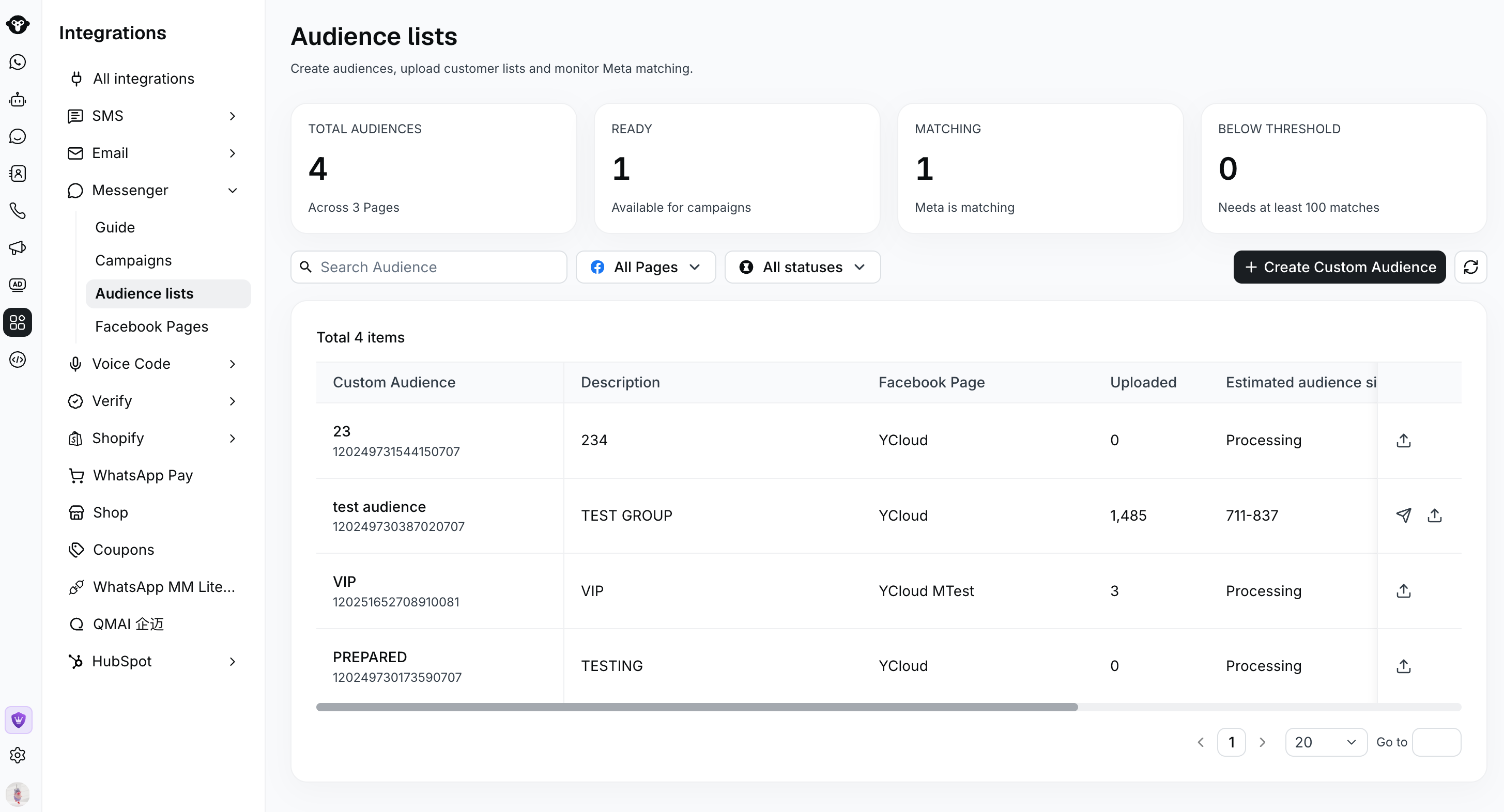Audience lists page with audience summary cards and customer matching information