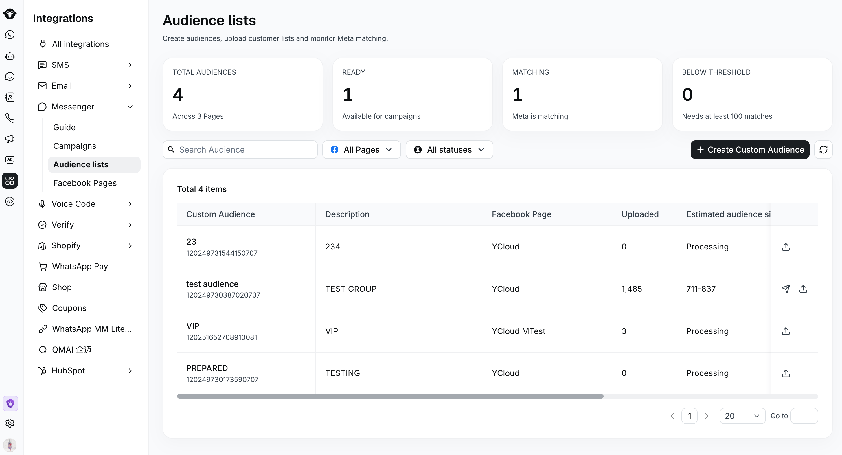 Audience lists page with audience summary cards and customer matching information