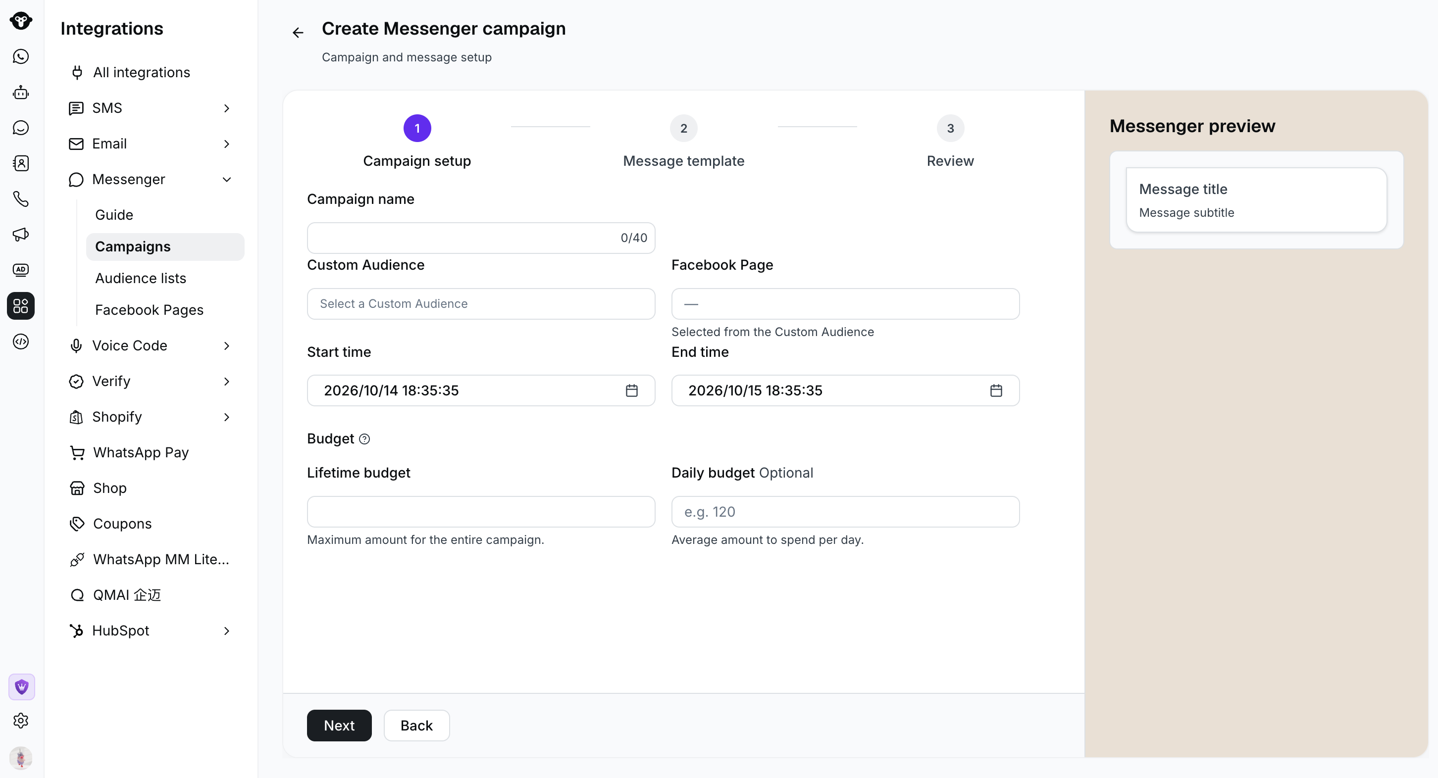 Campaign setup form with audience, schedule, lifetime budget, daily budget, and Messenger preview