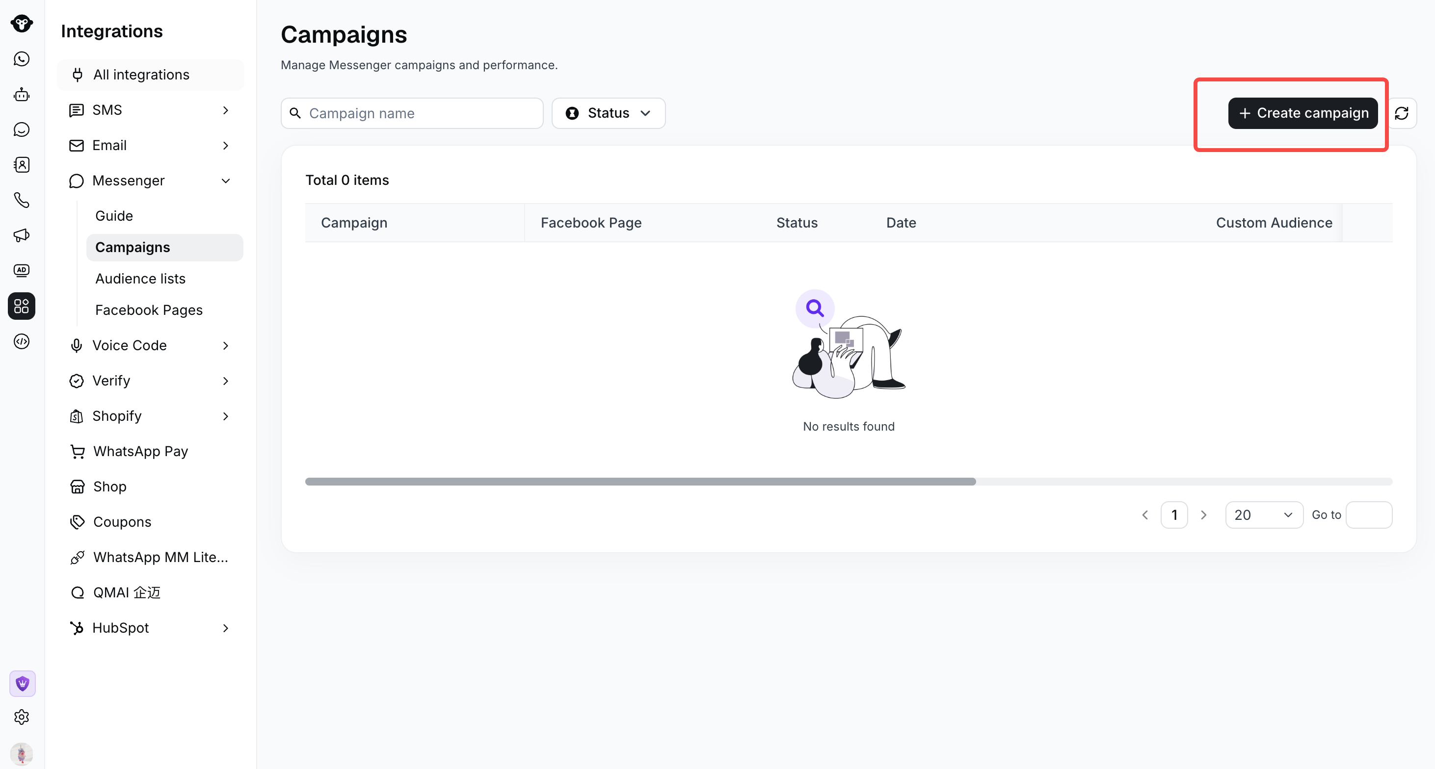 Campaigns page with the Create campaign button highlighted
