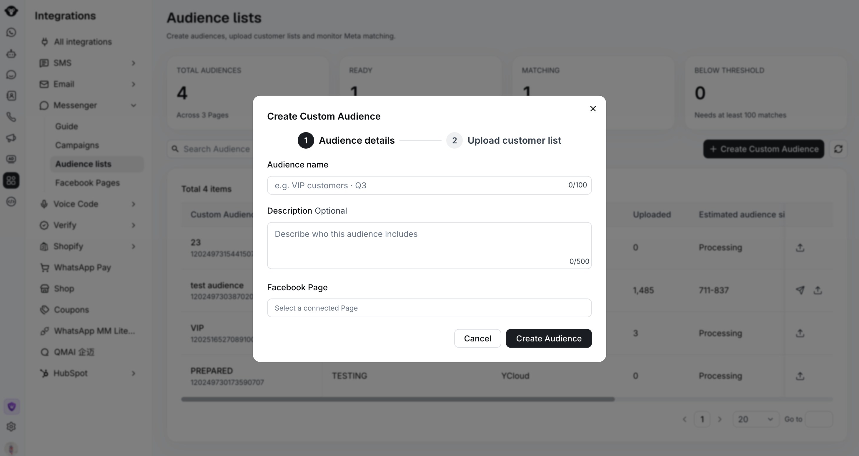 Create Custom Audience dialog with audience details and Facebook Page fields