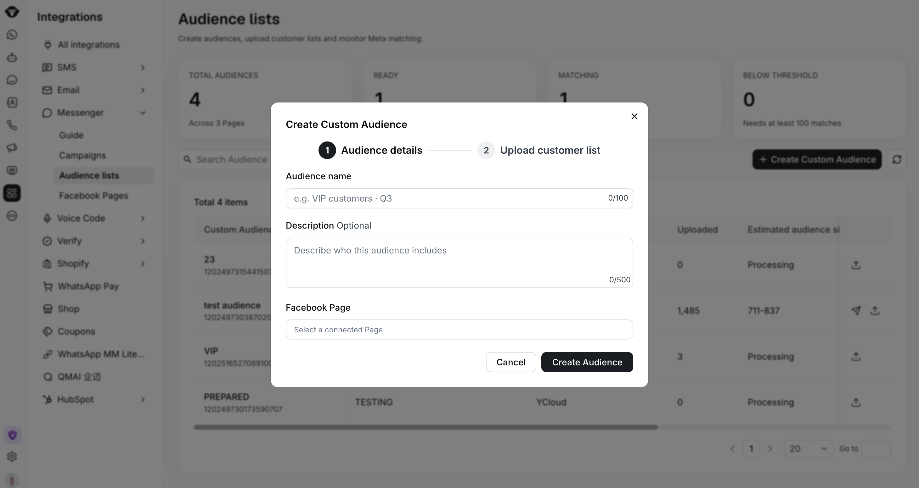 Create Custom Audience dialog with audience details and Facebook Page fields