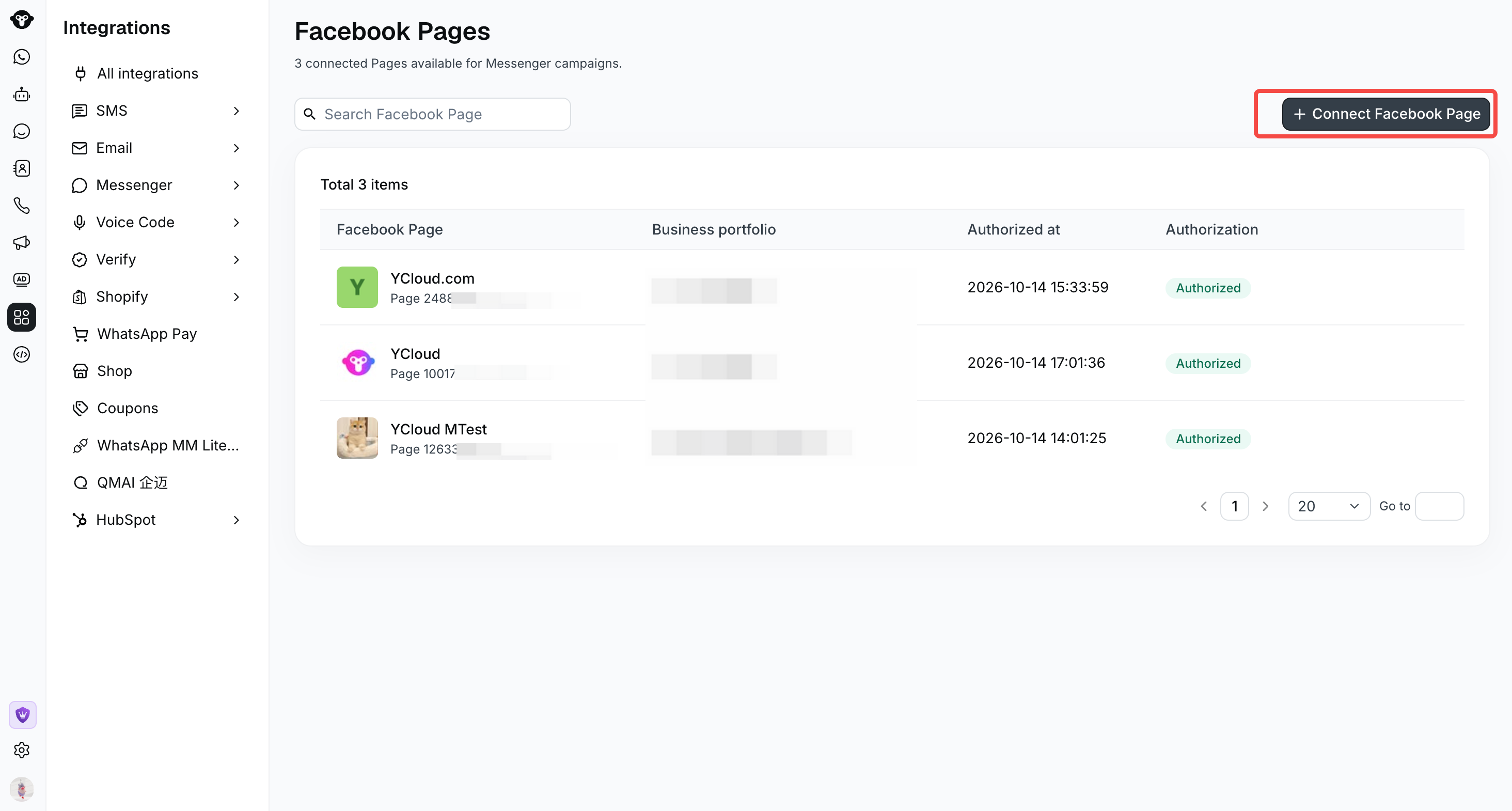 Facebook Pages list with Connect Facebook Page highlighted