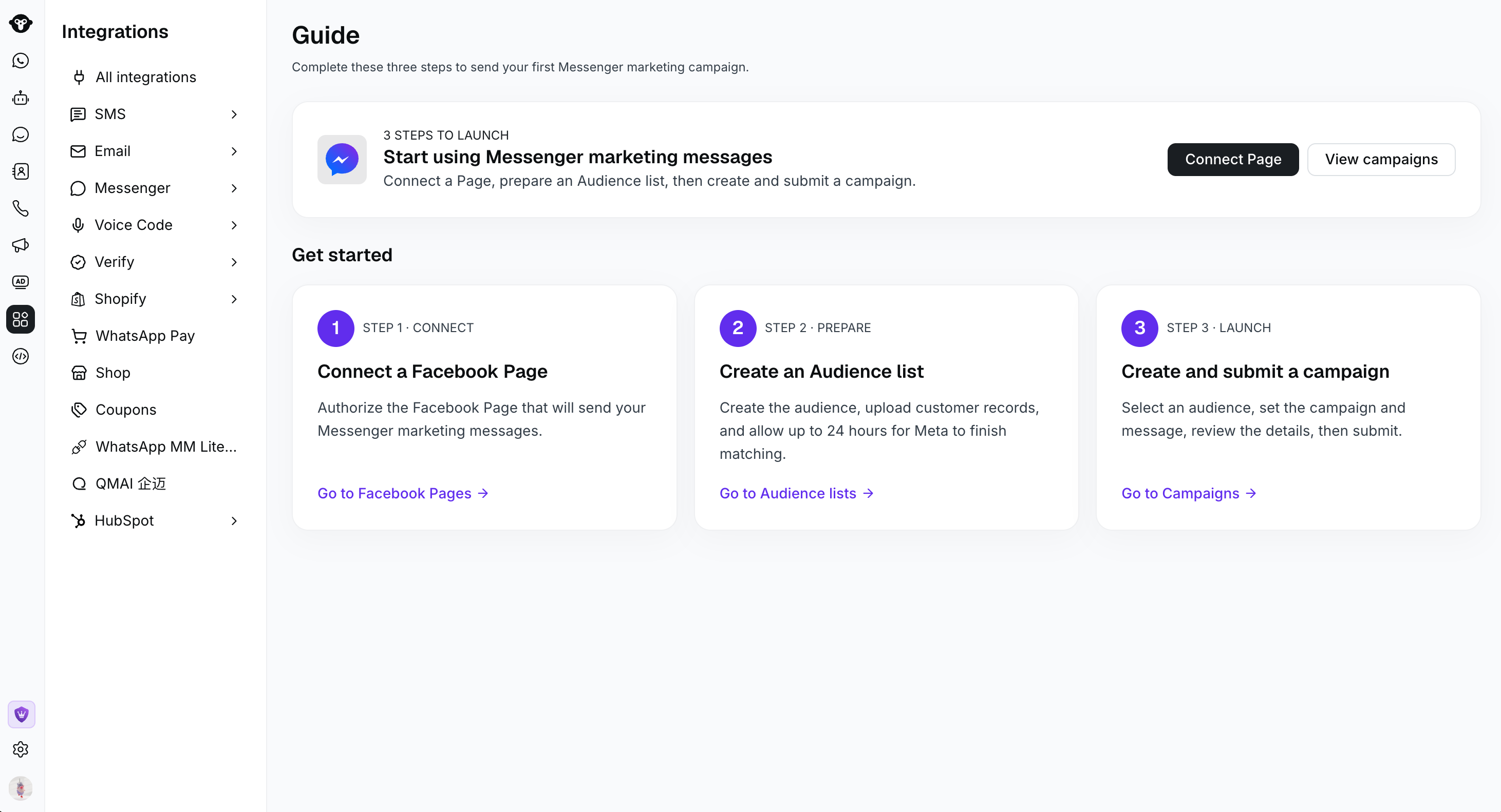 Messenger Guide showing the three steps to launch a marketing campaign