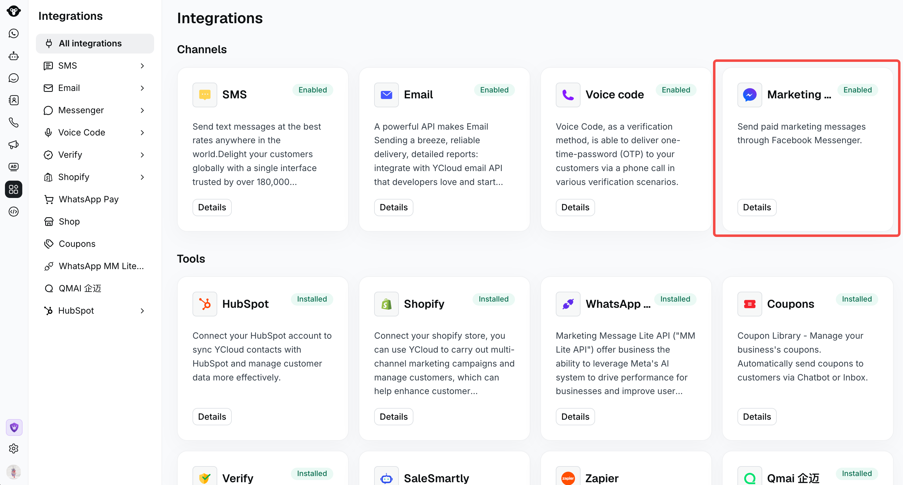 Integrations page with the Messenger marketing card highlighted