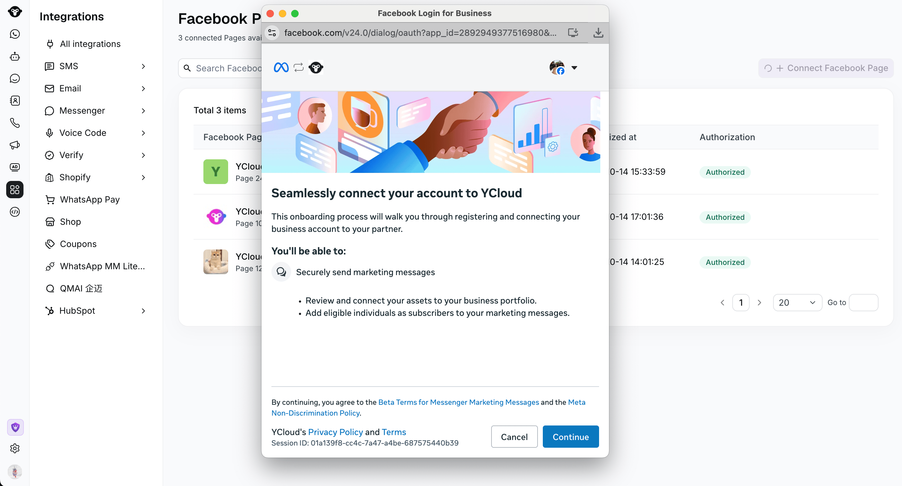Facebook Login for Business dialog for connecting a business account to YCloud