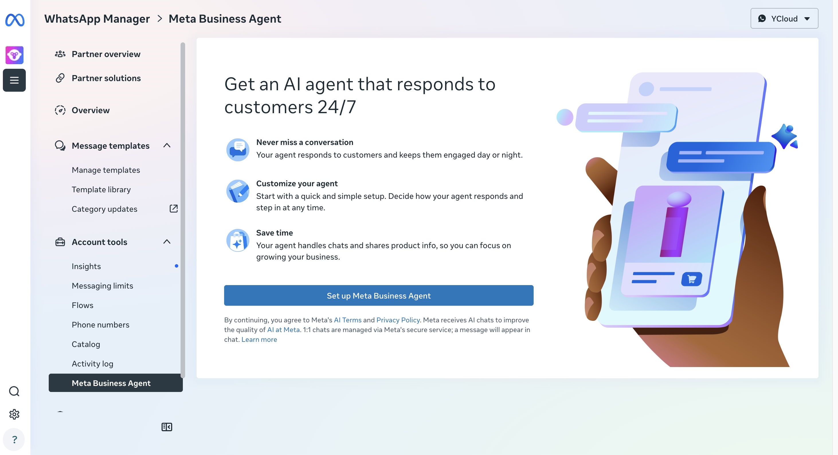 La página de aceptación de las condiciones de Meta Business Agent en el administrador de WhatsApp, con el botón Configurar Meta Business Agent.