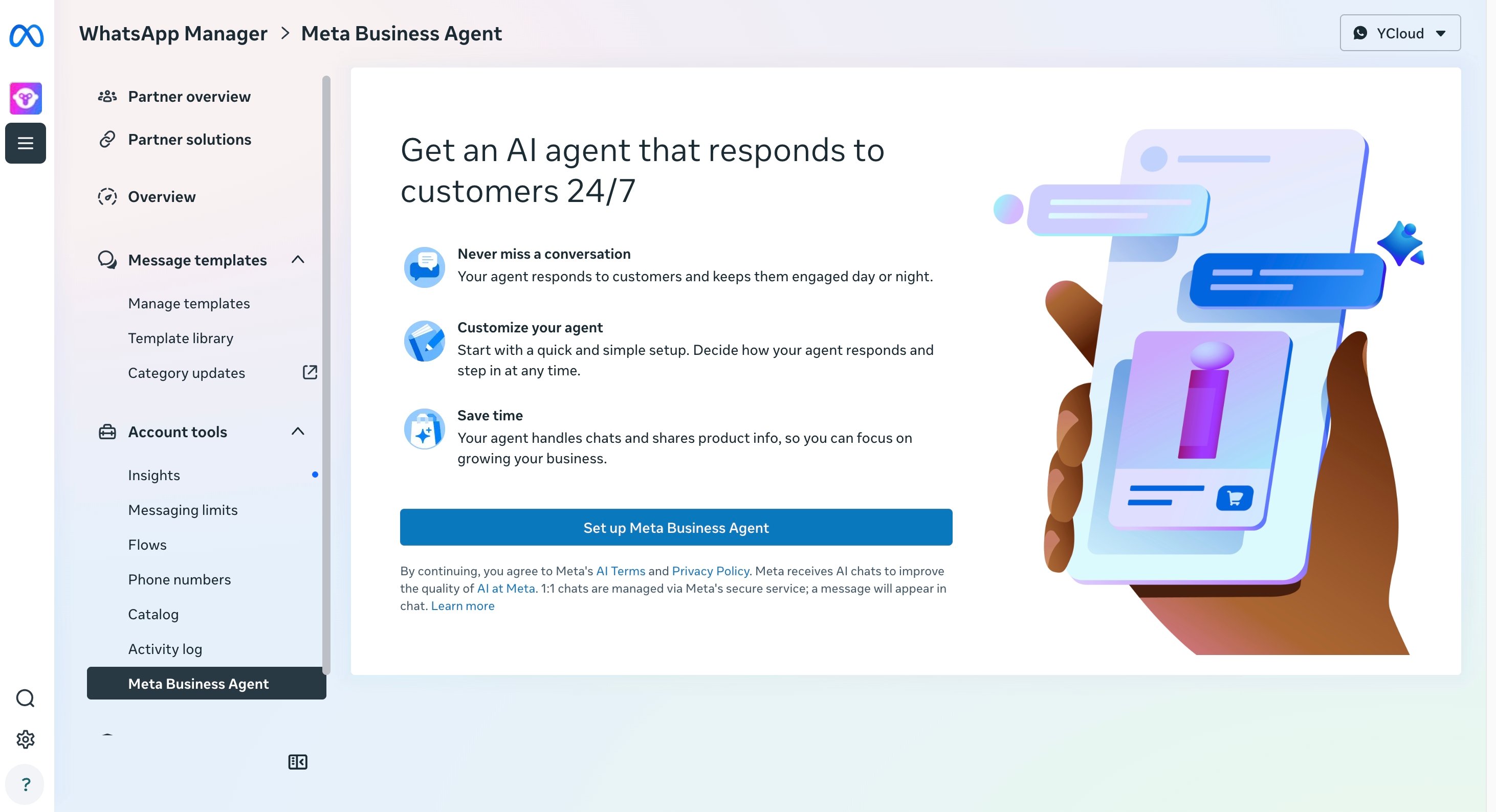 The Meta Business Agent terms acceptance page in WhatsApp Manager, with the Set up Meta Business Agent button.