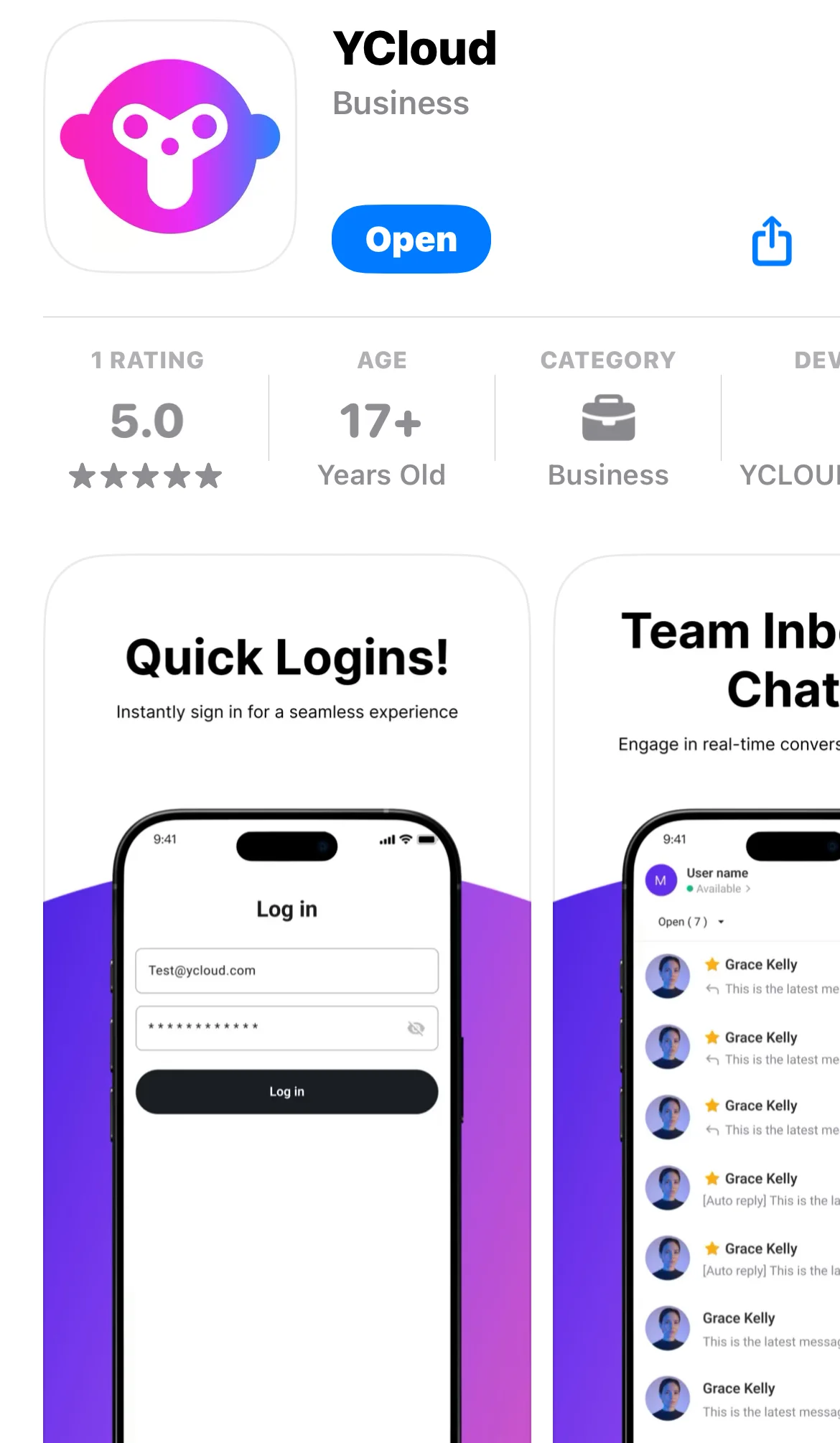 Ficha de YCloud Inbox en el Apple App Store