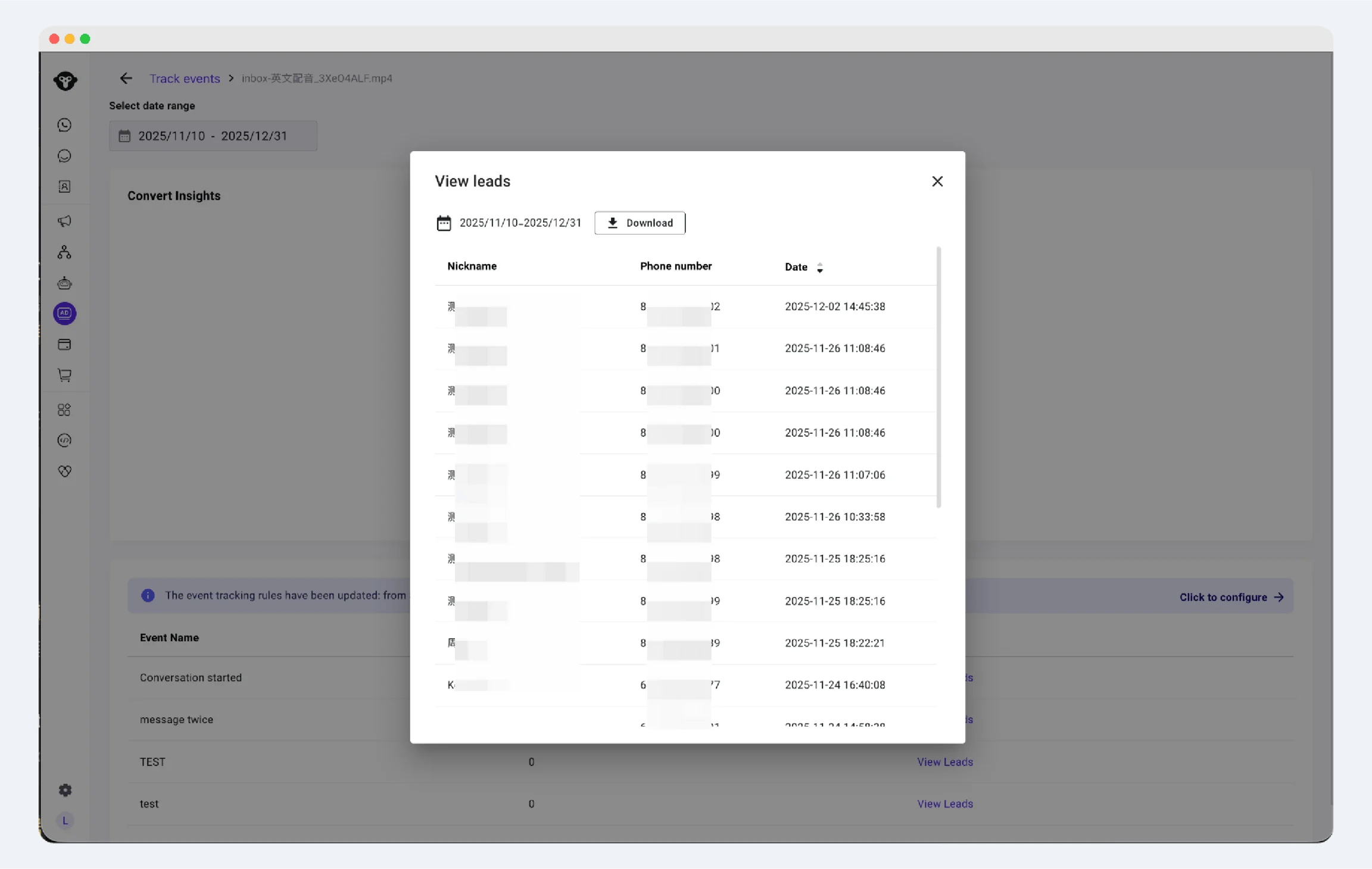 YCloud lead details page with the Download option