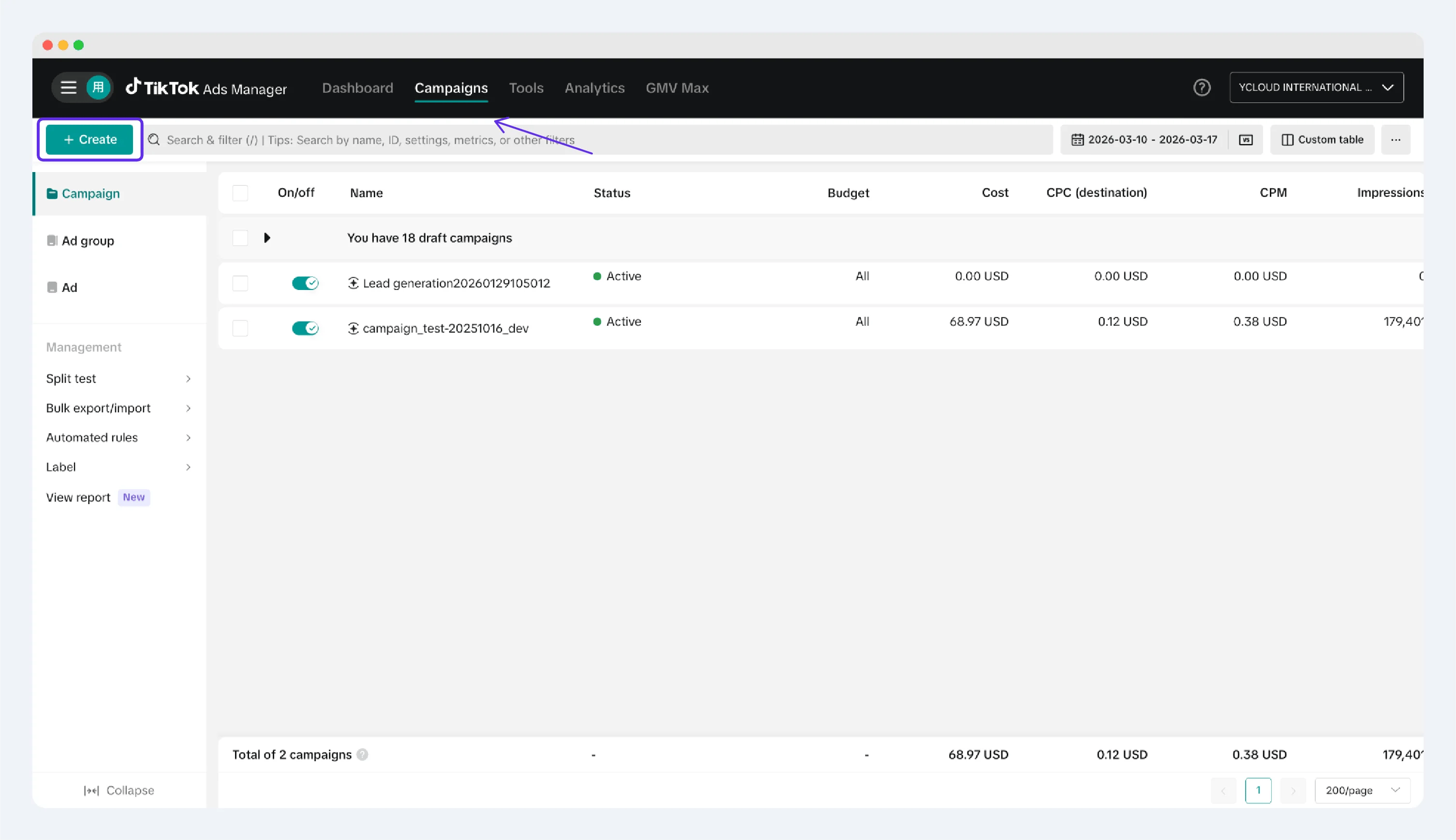 TikTok Ads Manager campaign creation screen