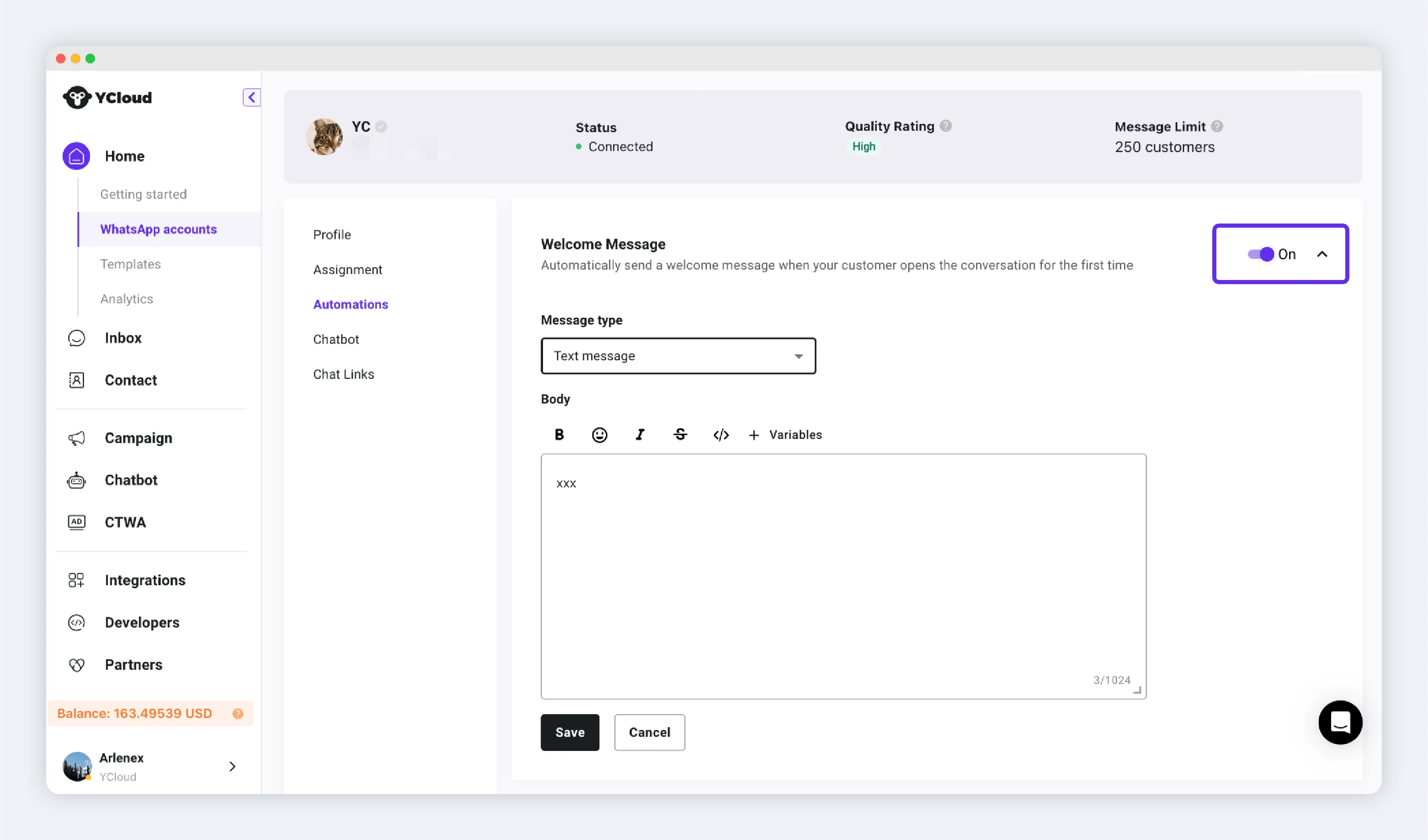 Enable welcome message