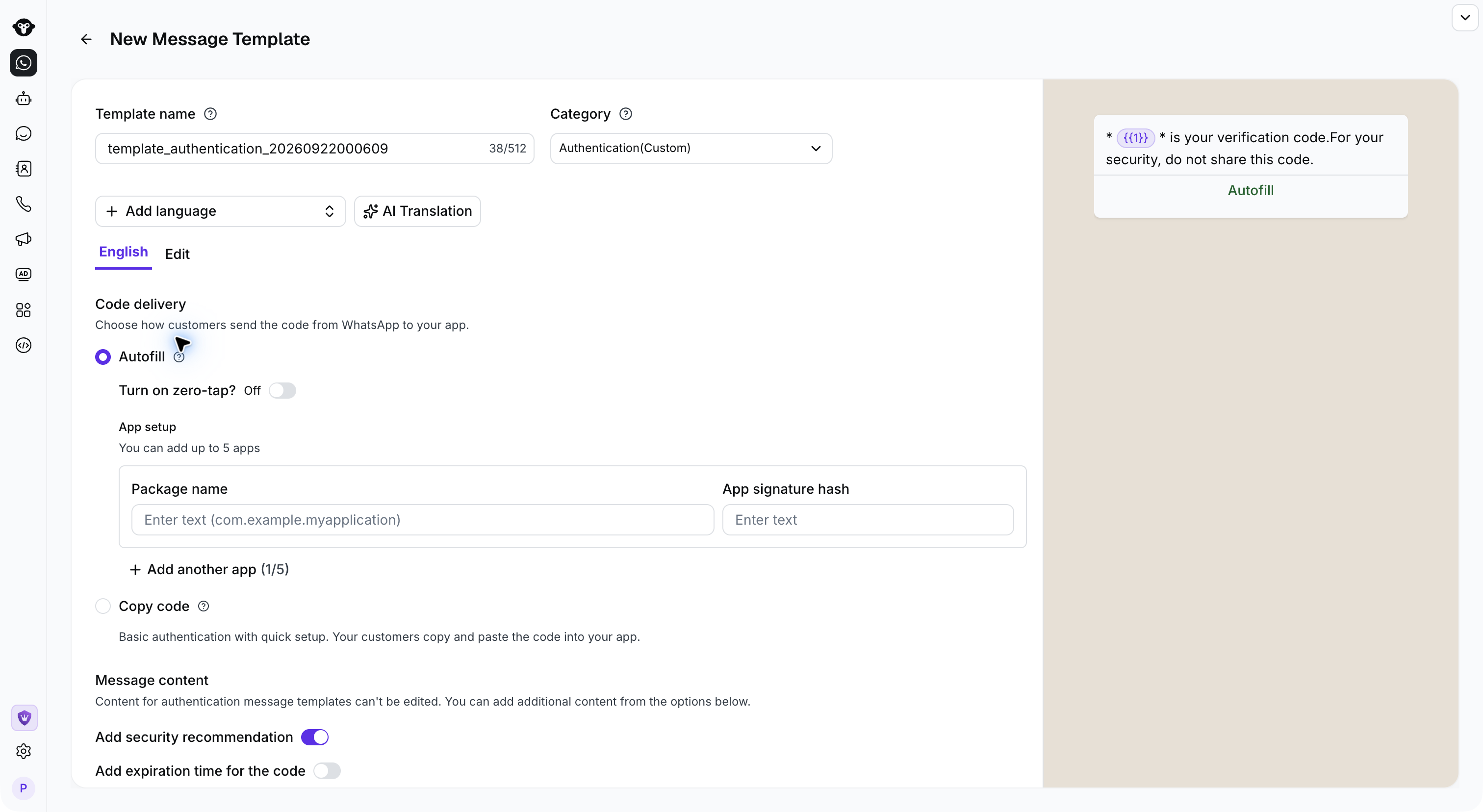 Plantilla de autenticación con autorrelleno y configuración del paquete de la app