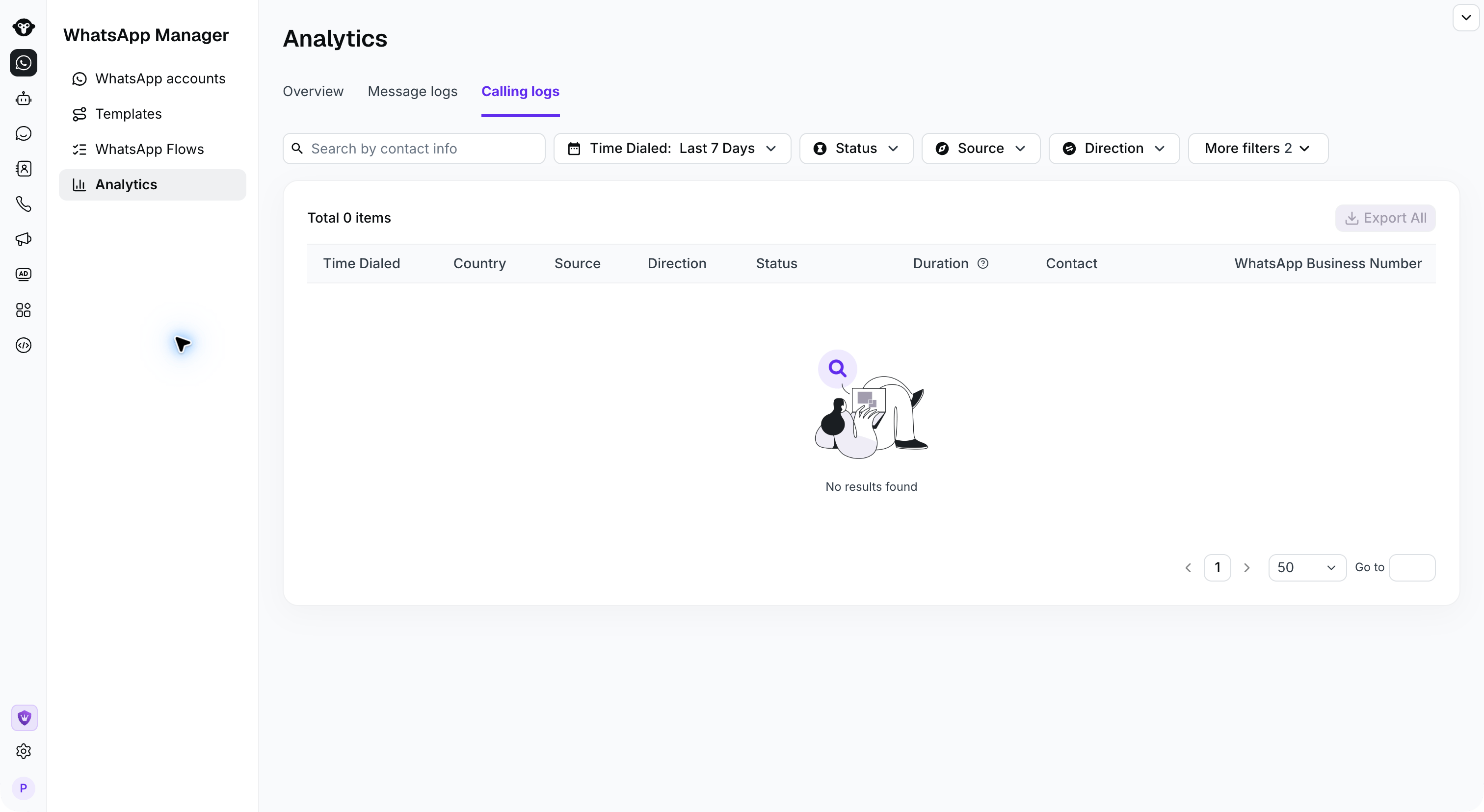 Calling logs with search, filters, and Export
