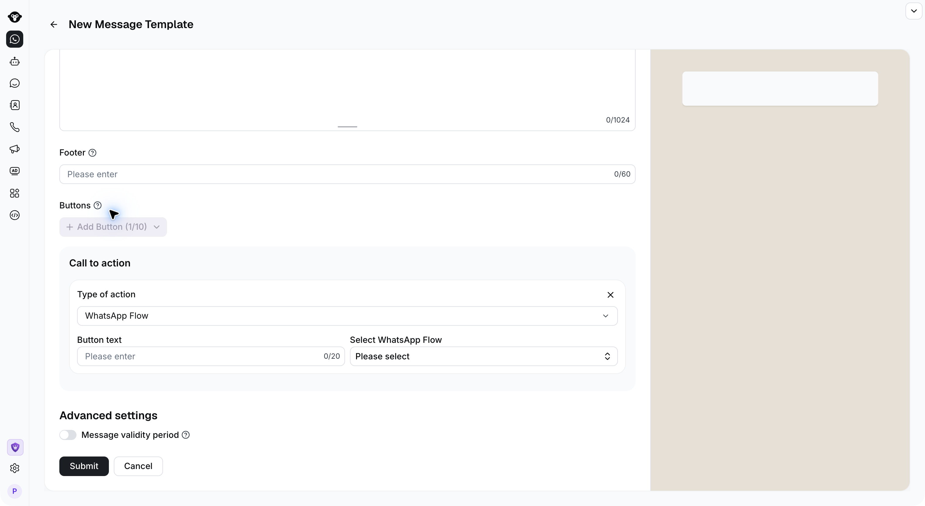 Editor de modelos com botão de WhatsApp Flow e Selecionar Flow