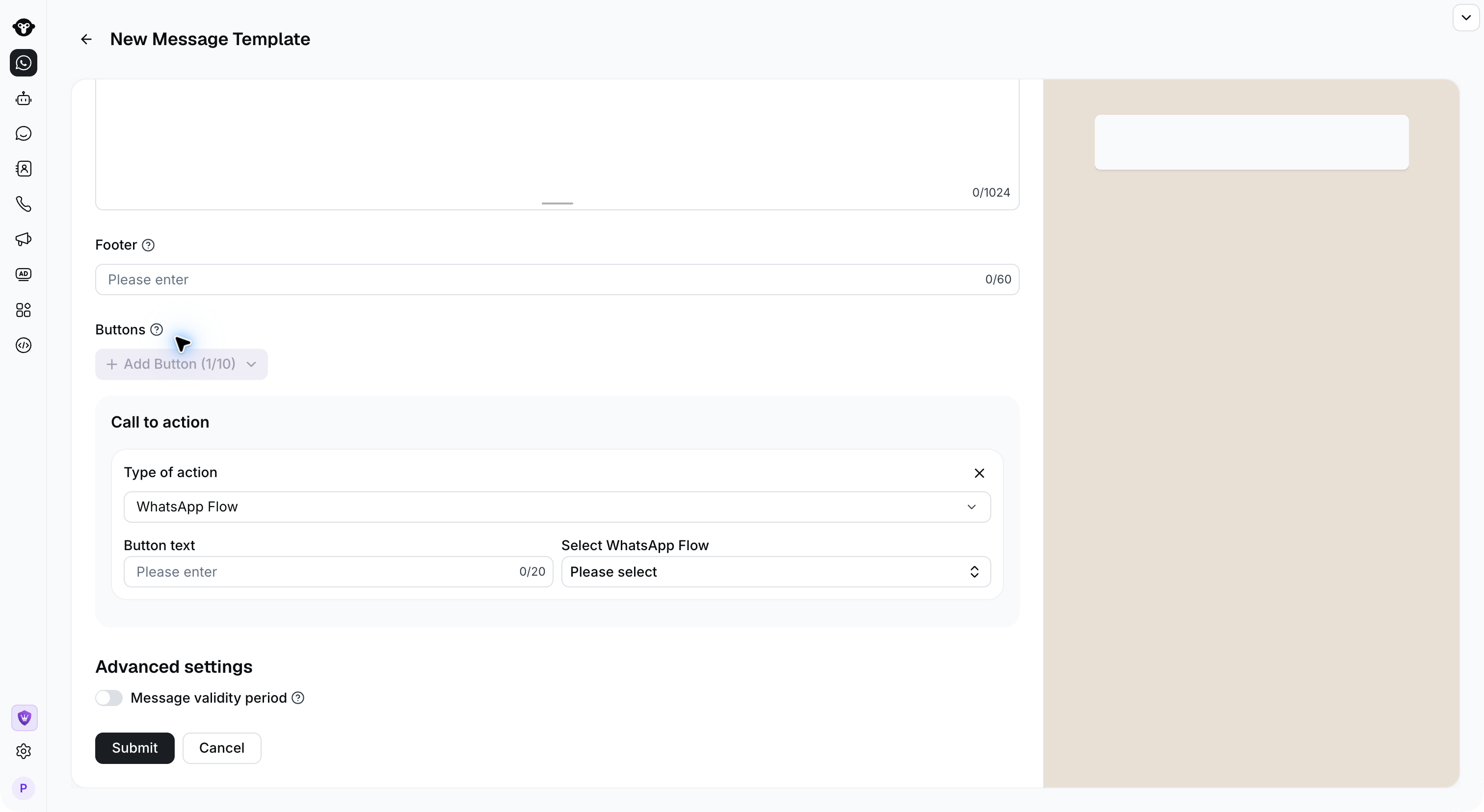 Editor de plantillas con un botón de WhatsApp Flow y Seleccionar flujo