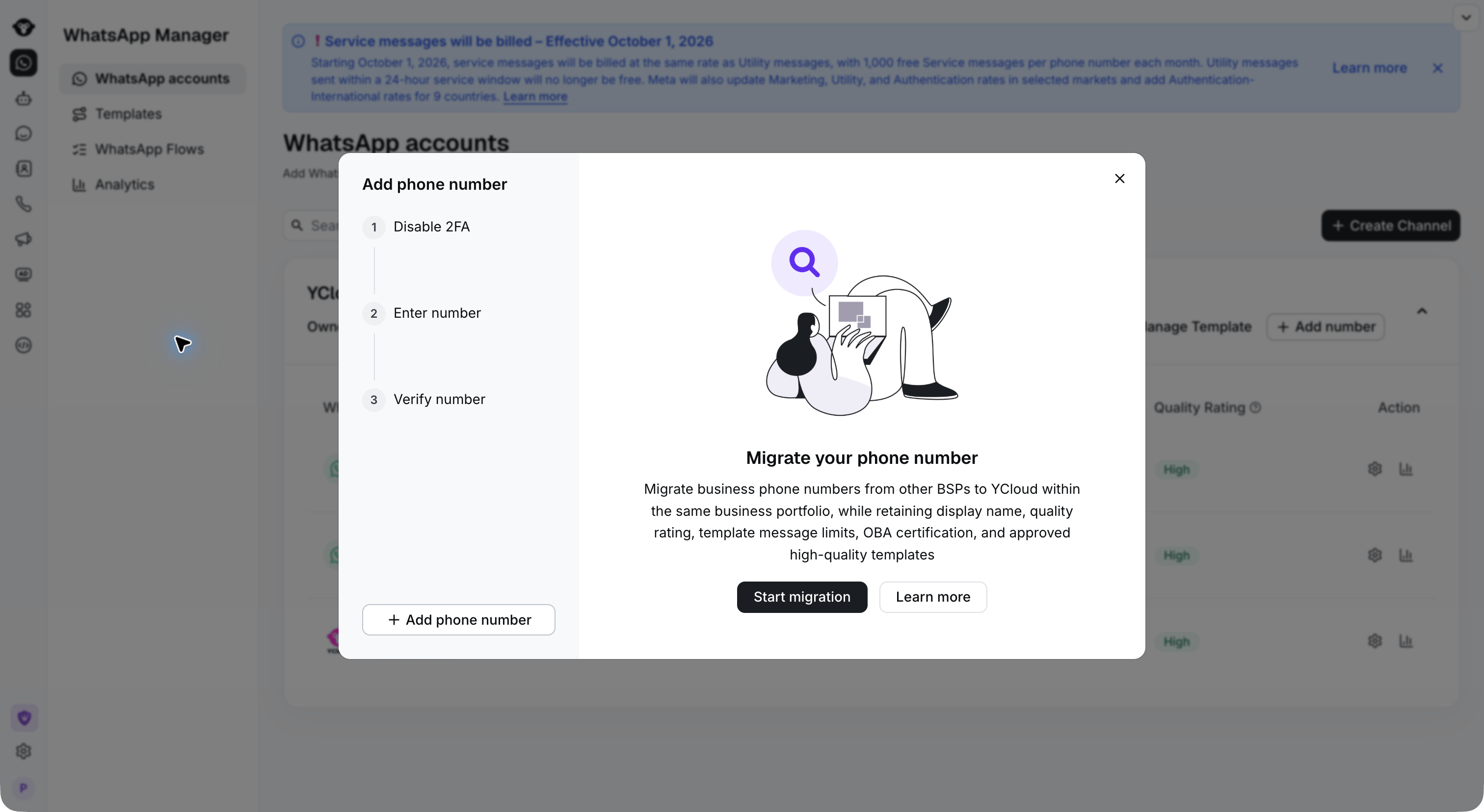 Phone number migration introduction with the Start migration action.