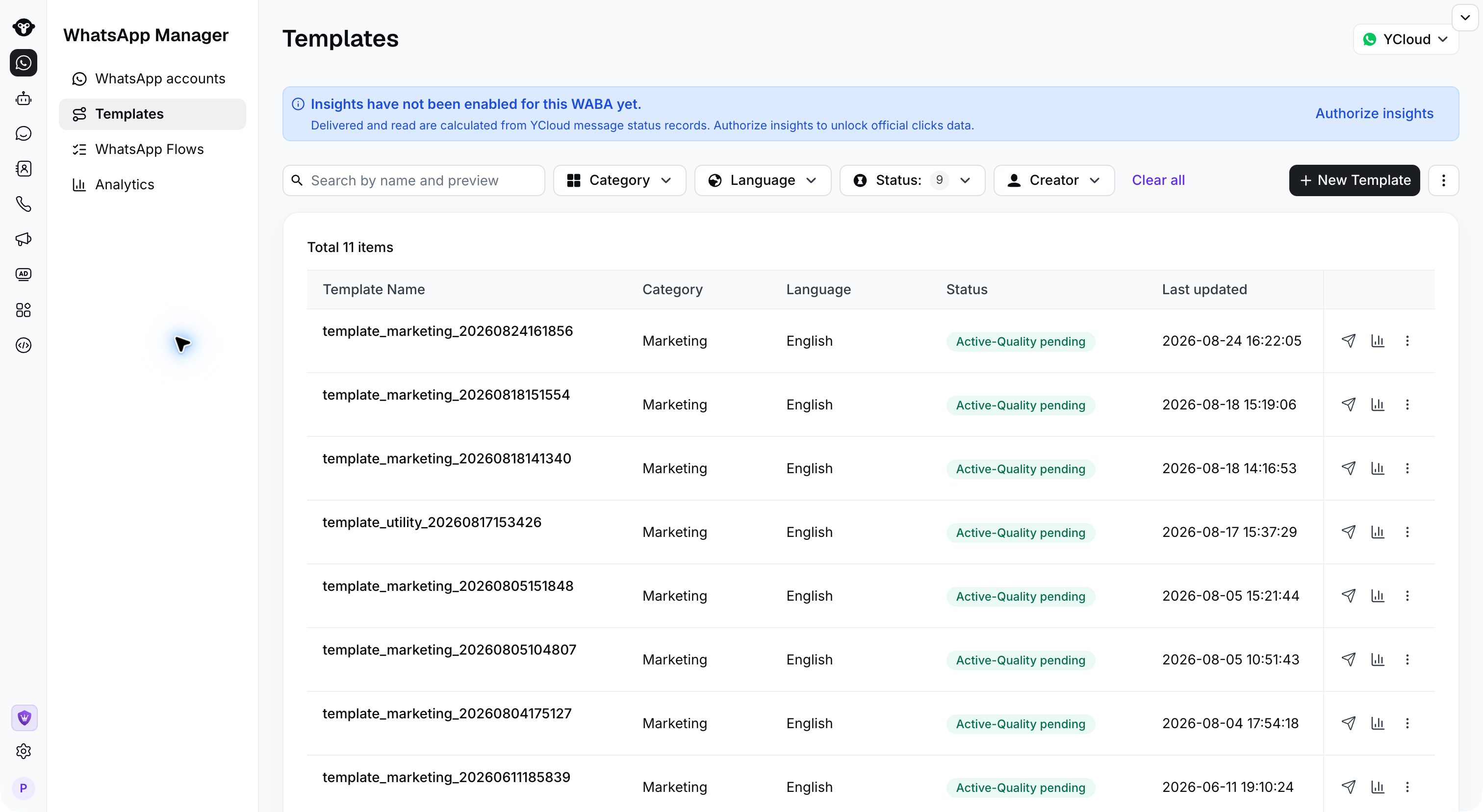 Templates page with New Template and WABA selector